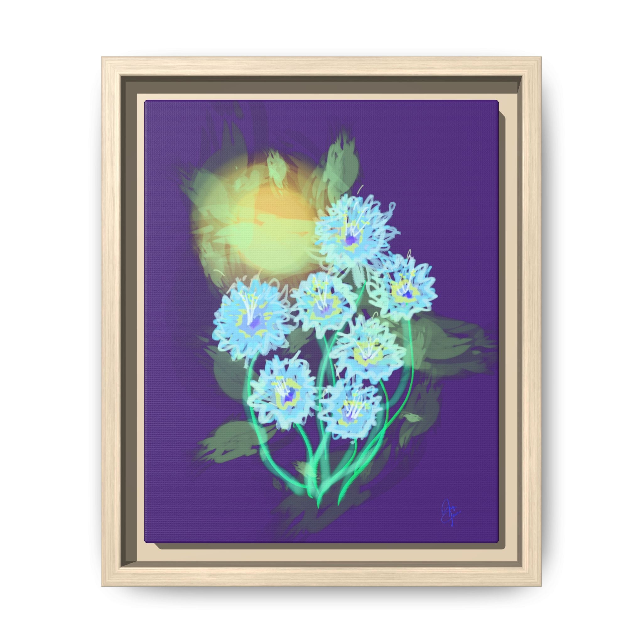 Framed Floral Canvas Art — Blue & Yellow Abstract Bouquet (Matte)