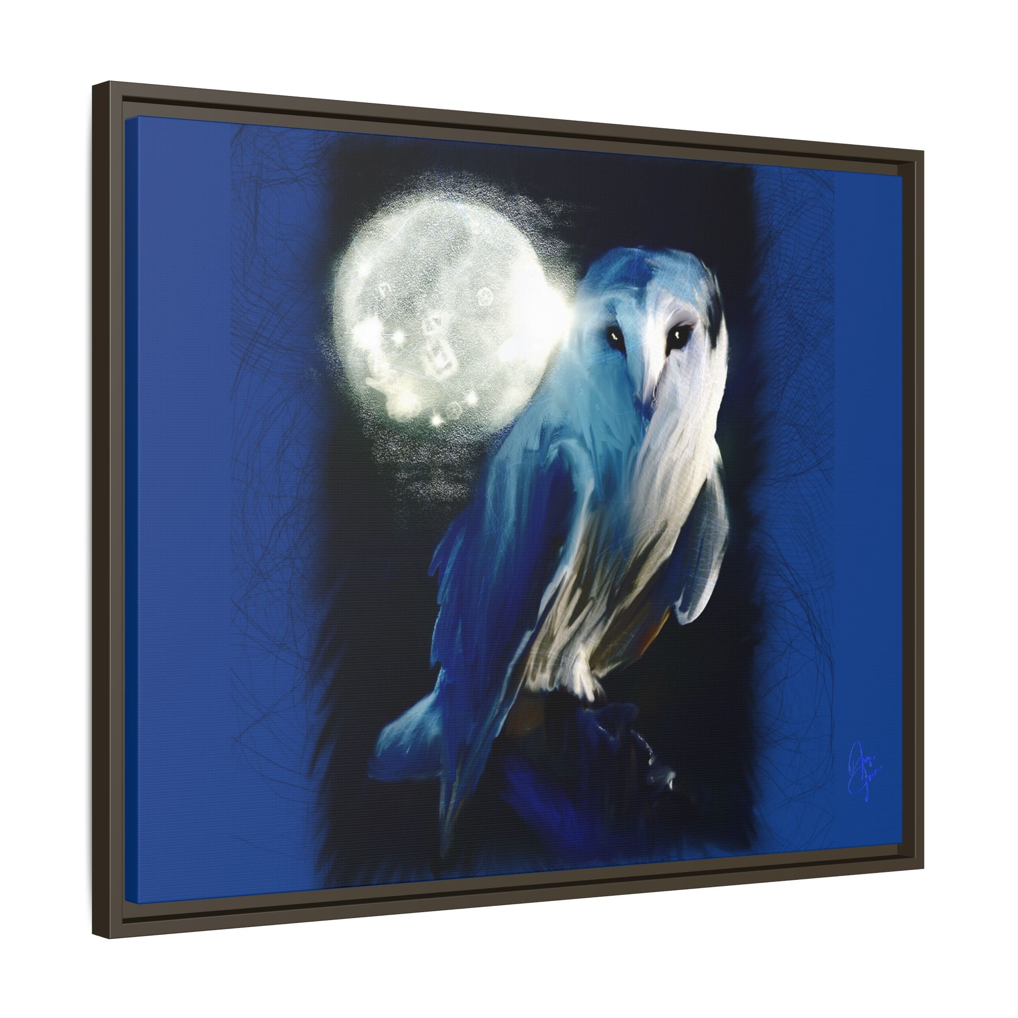 Moonlight Owl Matte Framed Canvas — Mystical Blue Owl Wall Art