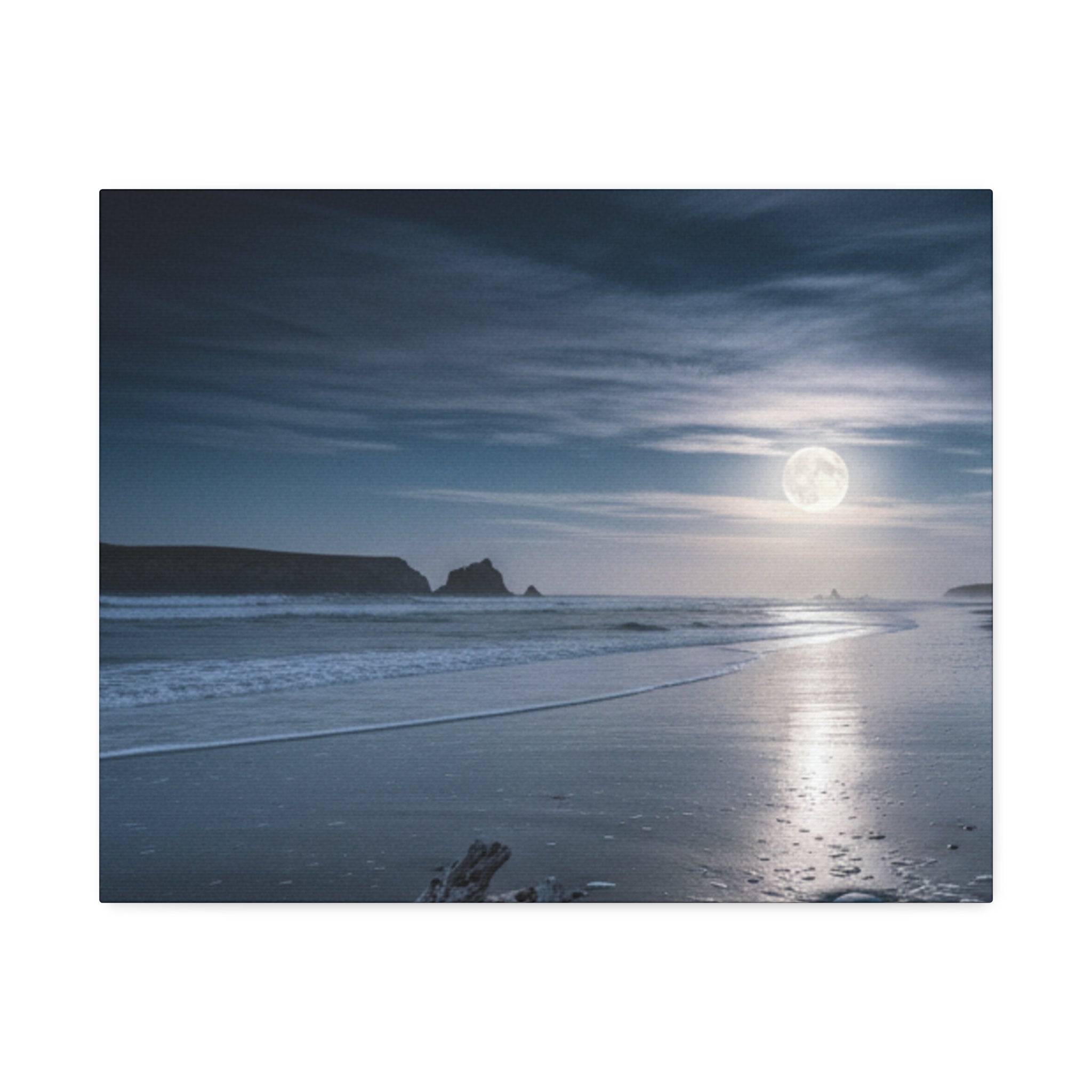 Moonlit Beach Canvas Wall Art — Tranquil Ocean Nightscape