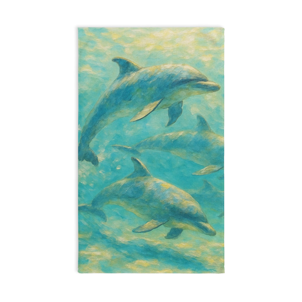 Dolphin Ocean Hand Towel — Turquoise Watercolor Marine Bath Accent