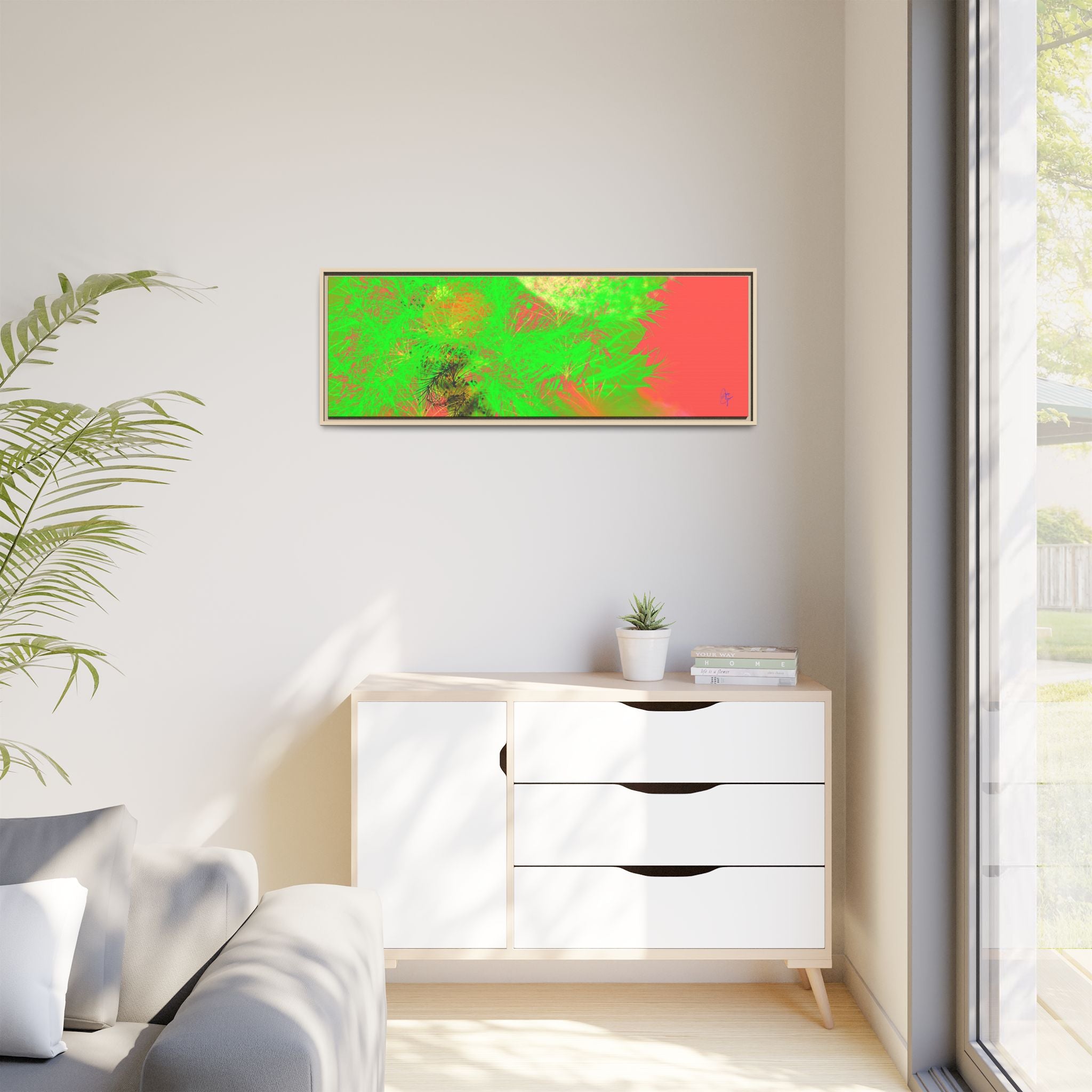 Abstract Neon Tree Matte Canvas Framed Art — Vibrant Green Moon Landscape