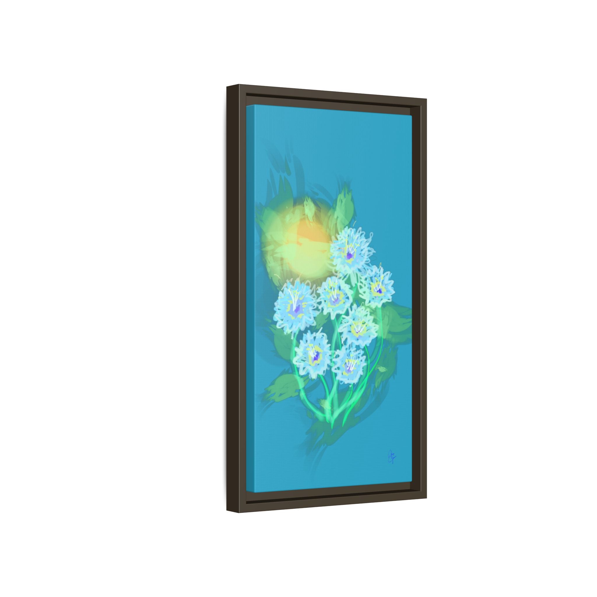 Framed Floral Canvas Art — Blue & Yellow Abstract Bouquet (Matte)