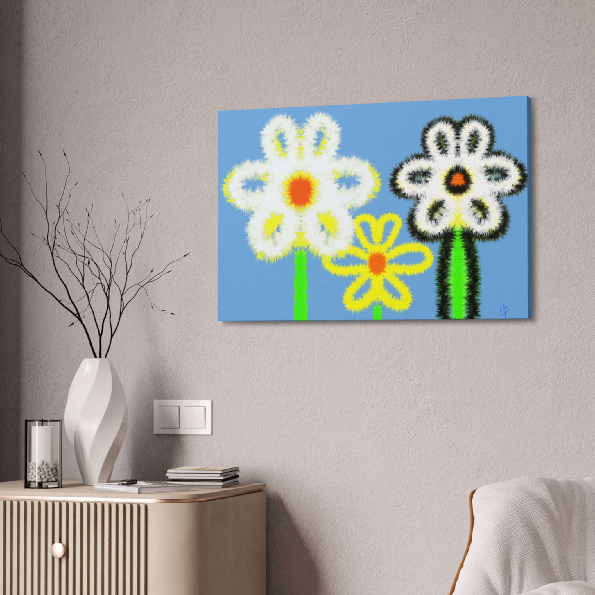 Bright Fuzzy Daisies Canvas Art — Yellow Floral Wall Decor, Stretched 1.5"
