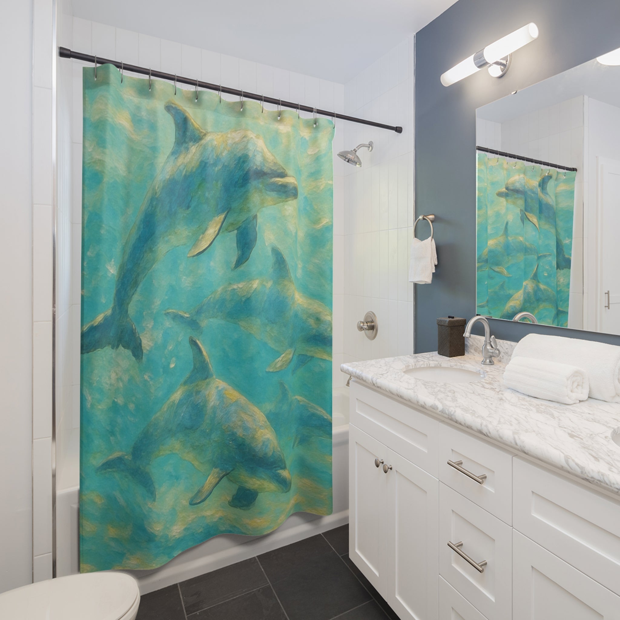 Dolphin Ocean Shower Curtain — Turquoise Underwater Art