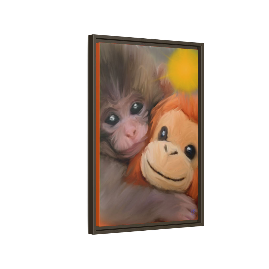 Framed Matte Canvas Print — Baby Monkey & Plush Orangutan Wall Art
