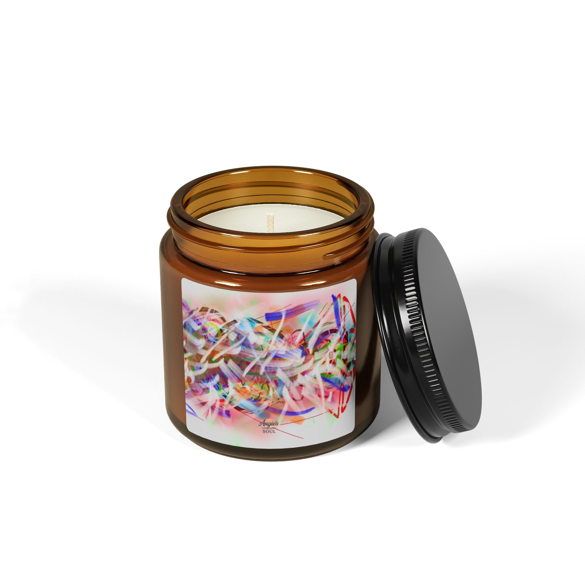Soy Candle — Amber Jar with Colorful Abstract Art Label