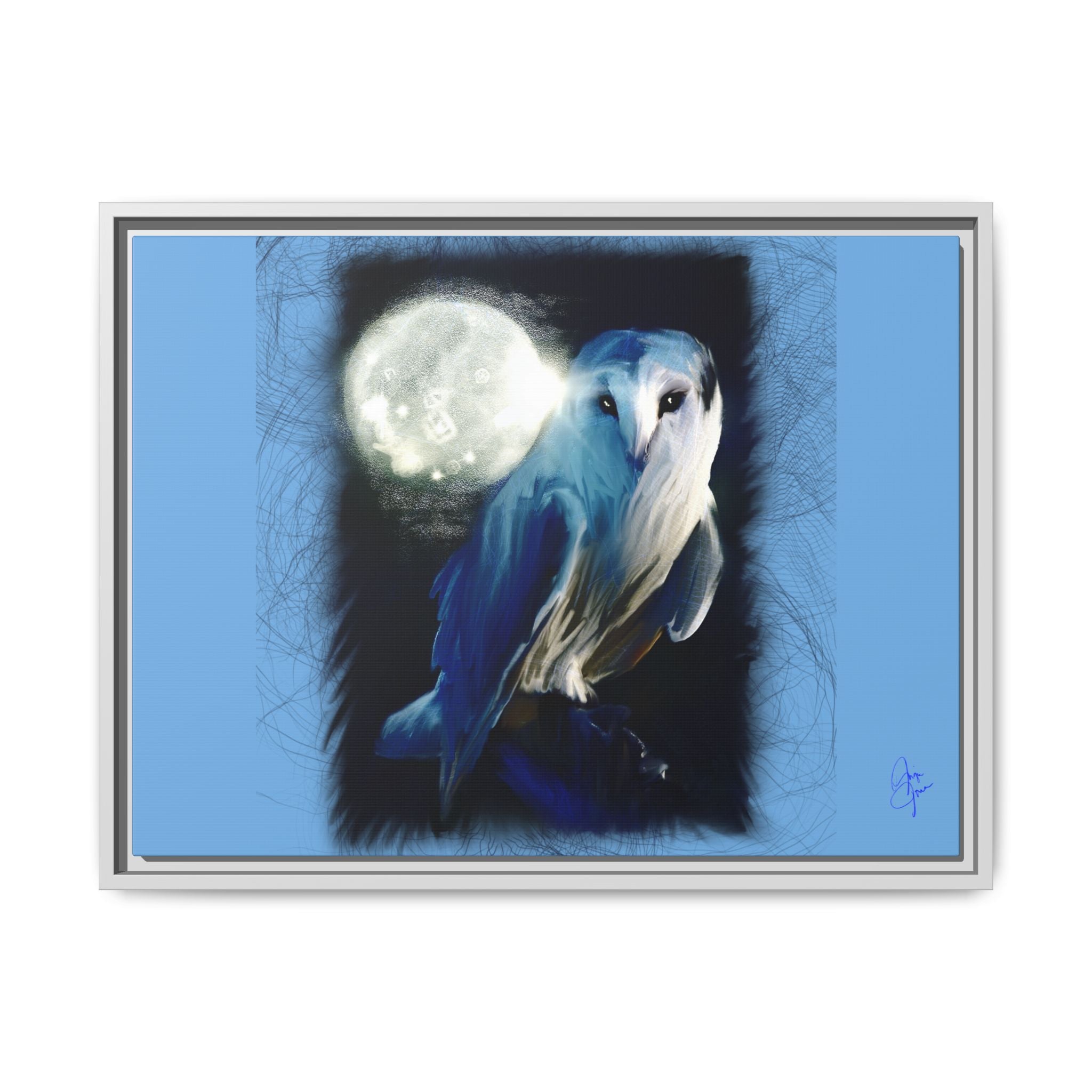 Moonlight Owl Matte Framed Canvas — Mystical Blue Owl Wall Art