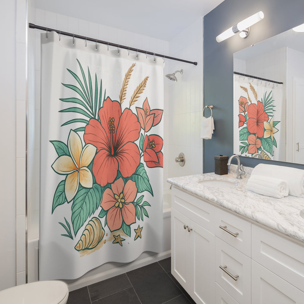 Tropical Hibiscus Shower Curtain – Floral Beach Shell Bathroom Decor