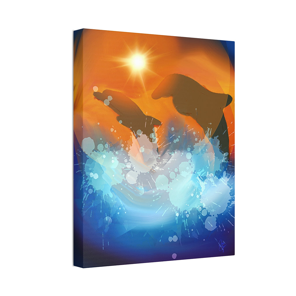 Sunset Dolphin Canvas Wall Art — Vibrant Ocean Sunset Stretch Canvas