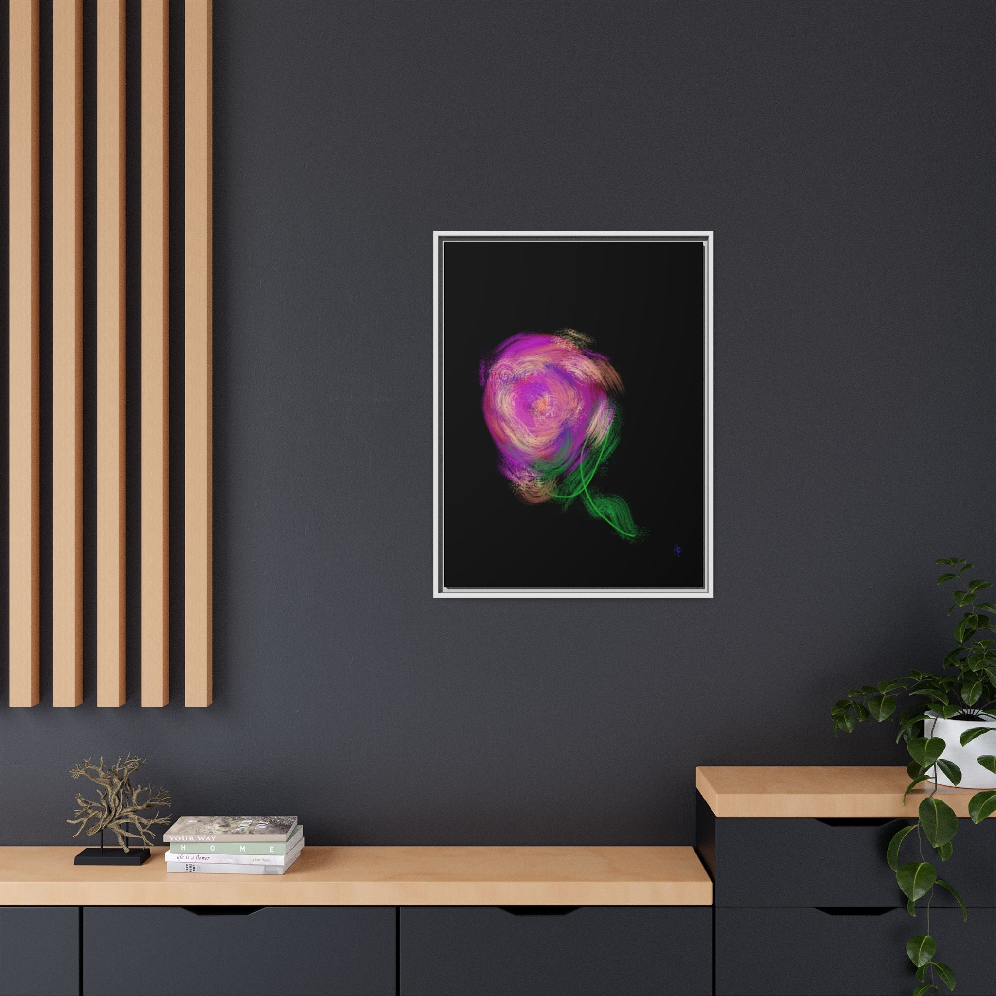 Abstract Rose Swirl Matte Framed Canvas — Multicolor Floral Wall Art