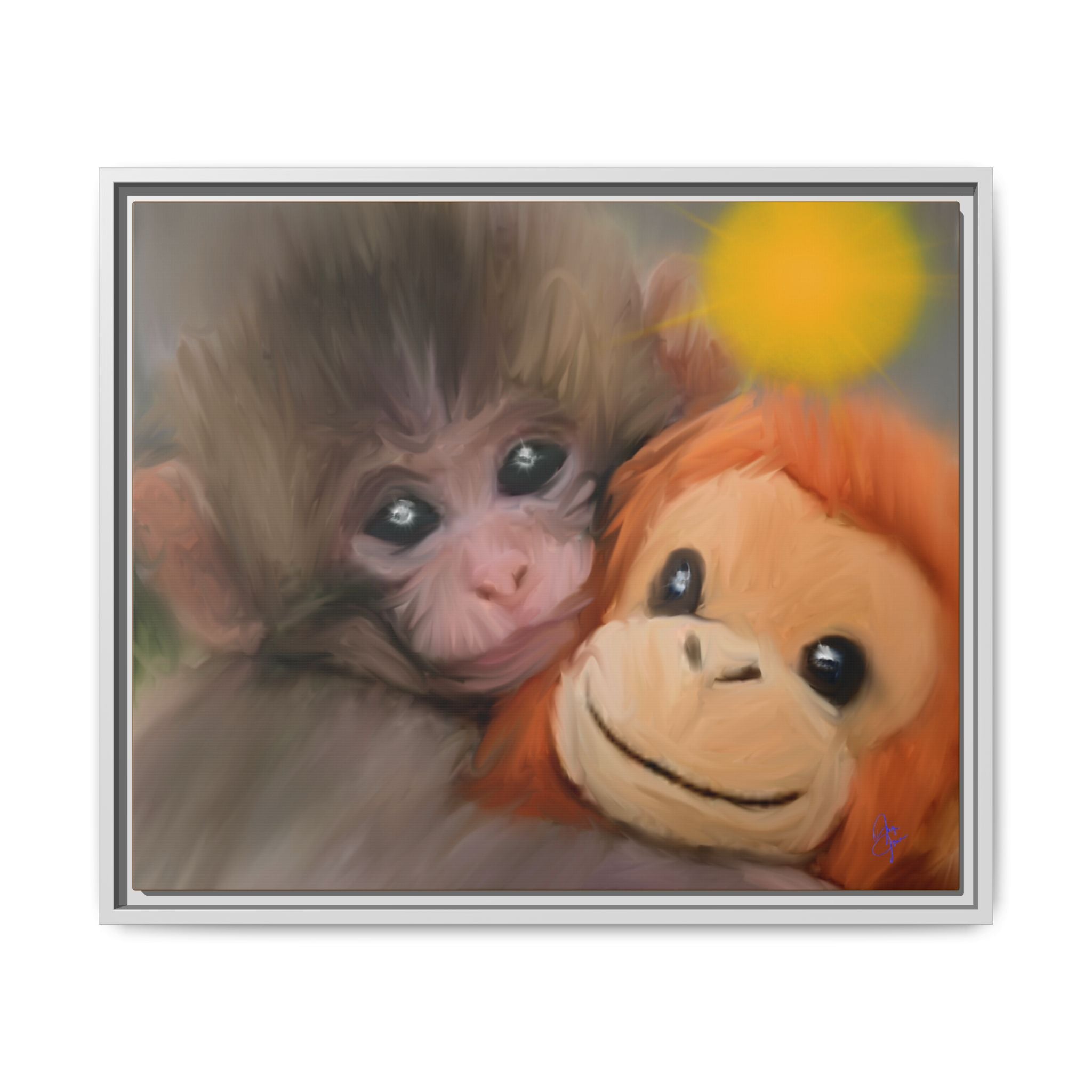 Framed Matte Canvas Print — Baby Monkey & Plush Orangutan Wall Art