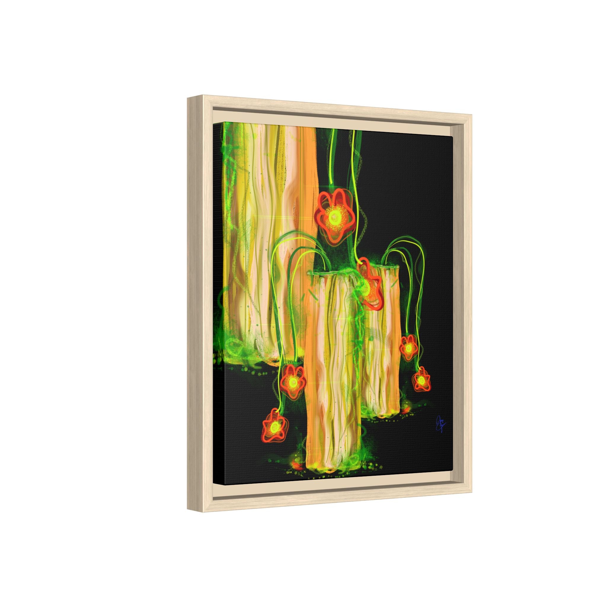 Framed Matte Canvas Print — Neon Floral Candlelight Art