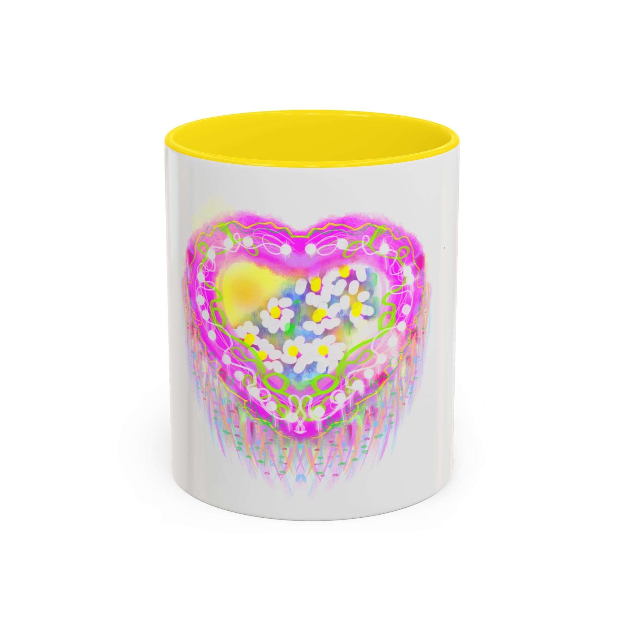 Pink Heart Floral Coffee Mug — Cute Pastel Accent Mug with Daisy Heart Design