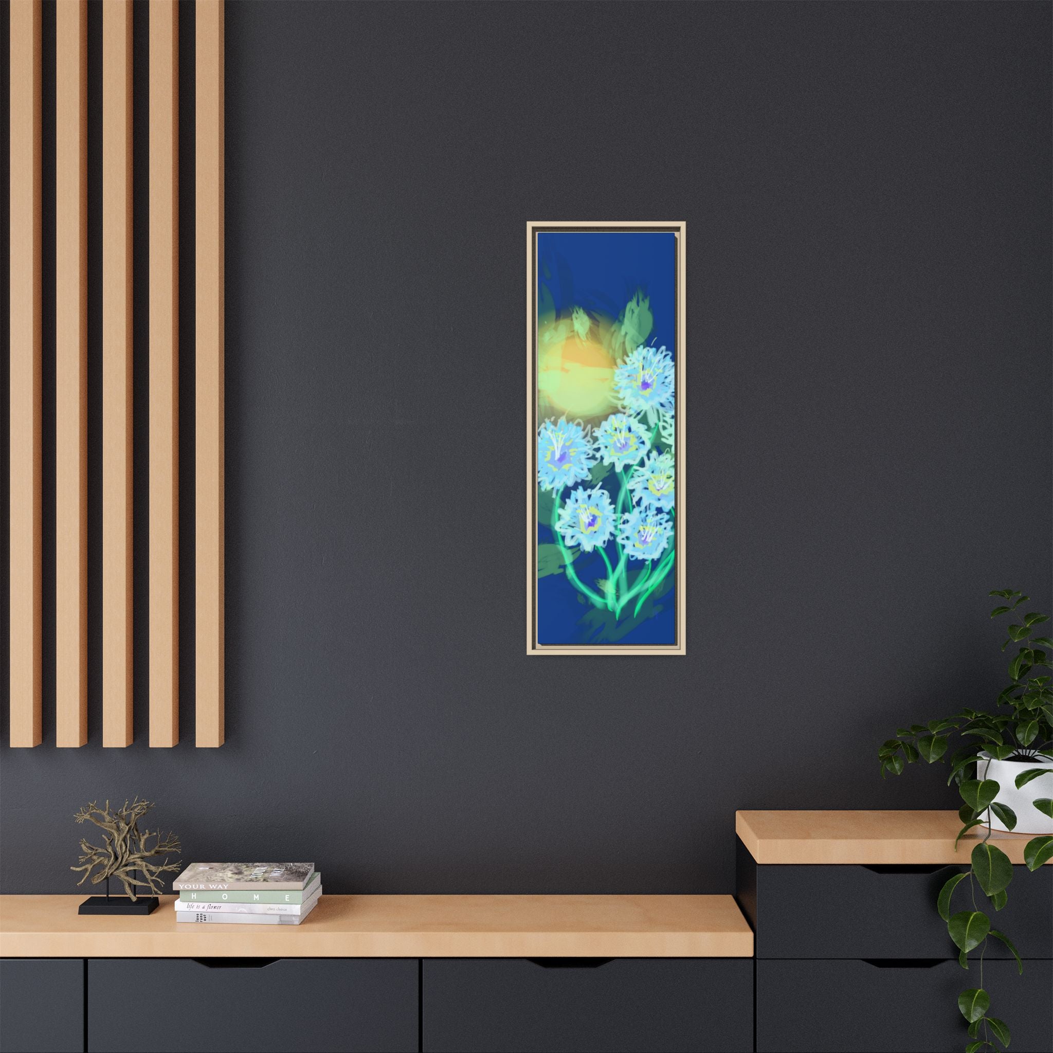 Framed Floral Canvas Art — Blue & Yellow Abstract Bouquet (Matte)