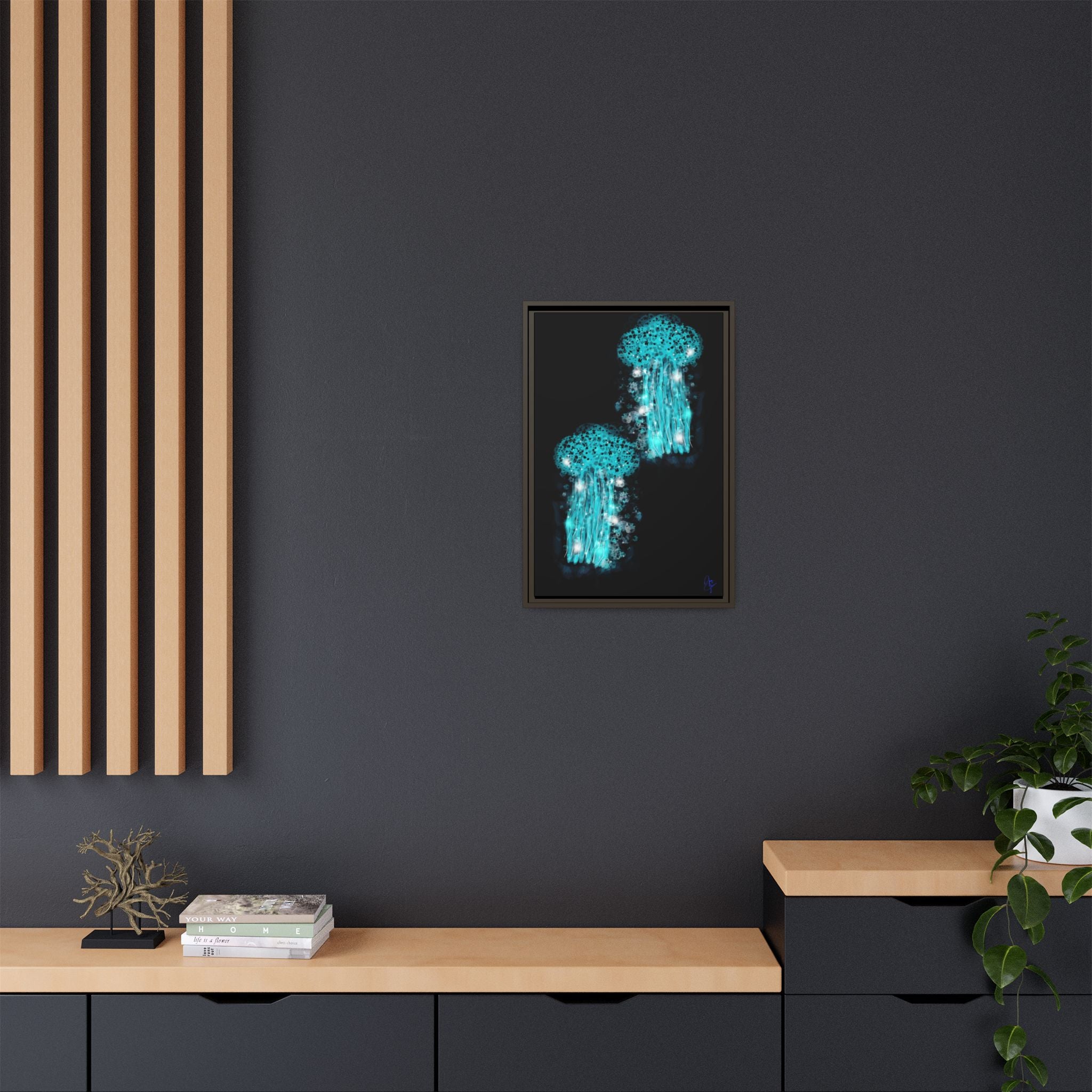 Glowing Jellyfish Art Print — Framed Matte Canvas