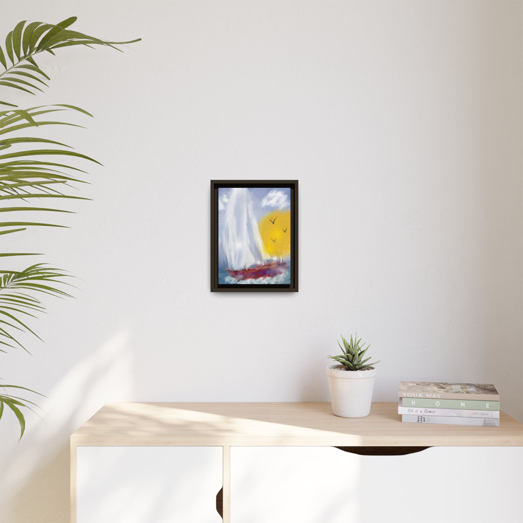 Sailboat Sunset Matte Framed Canvas Print — Coastal Seascape Wall Art