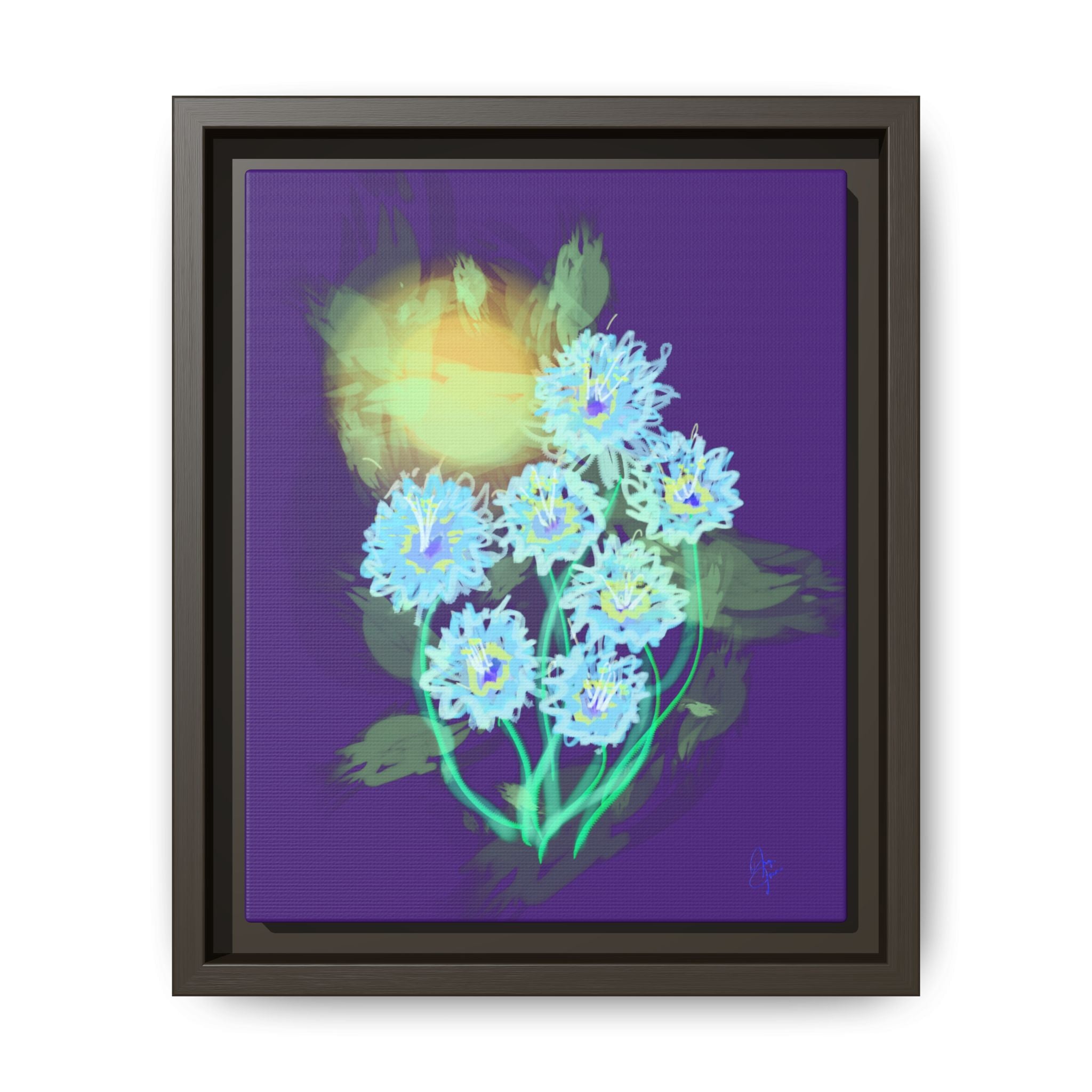 Framed Floral Canvas Art — Blue & Yellow Abstract Bouquet (Matte)