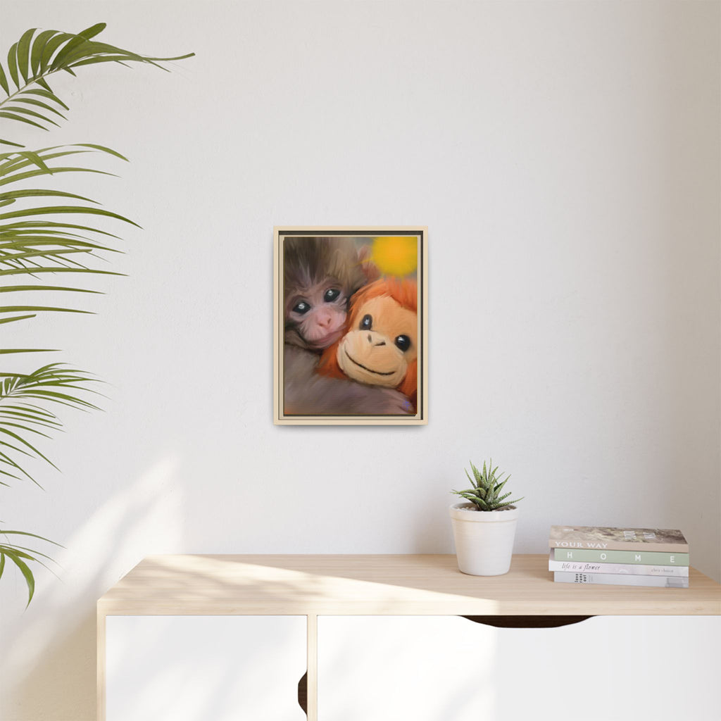 Framed Matte Canvas Print — Baby Monkey & Plush Orangutan Wall Art