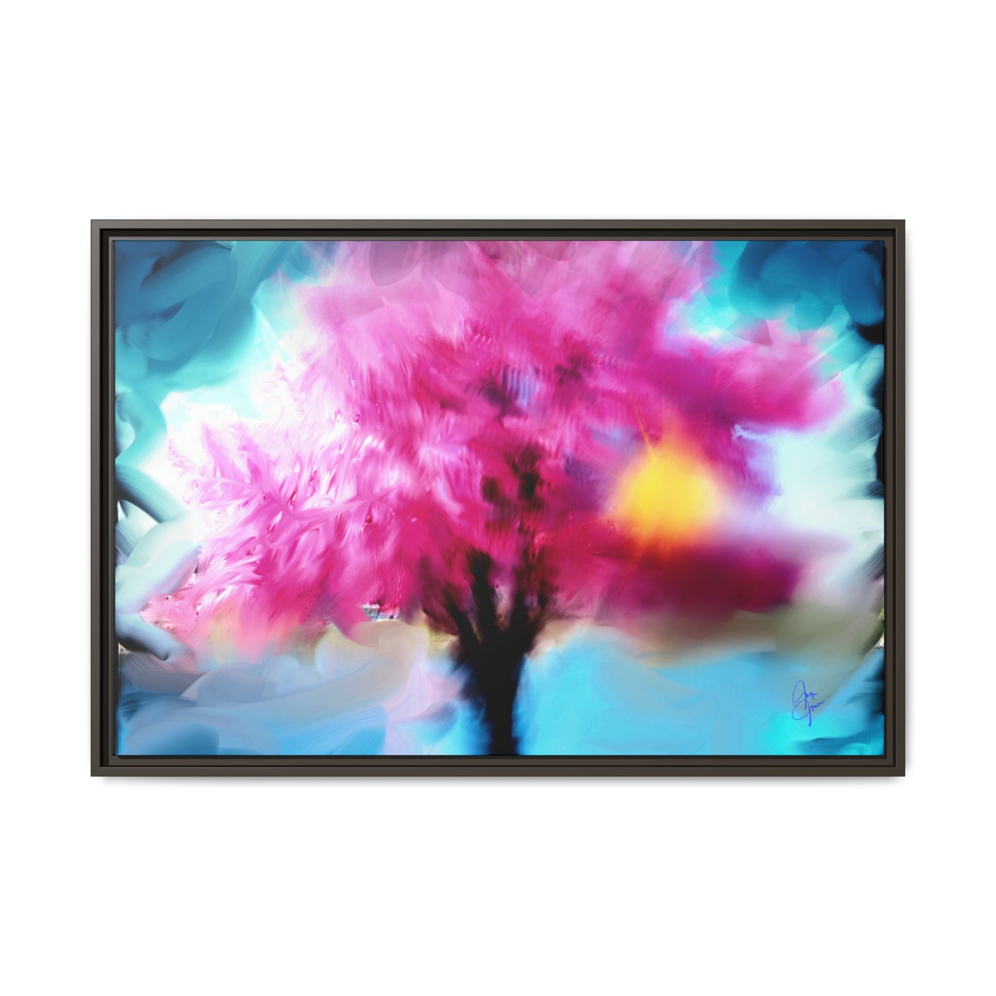 Framed Abstract Blossom Canvas — Vertical Pink & Blue Wall Art