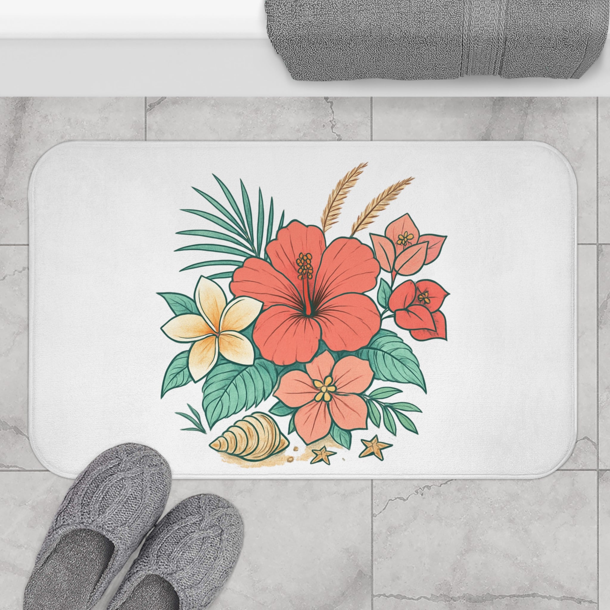 Tropical Hibiscus Bath Mat - Floral Beach Shell Bathroom Rug