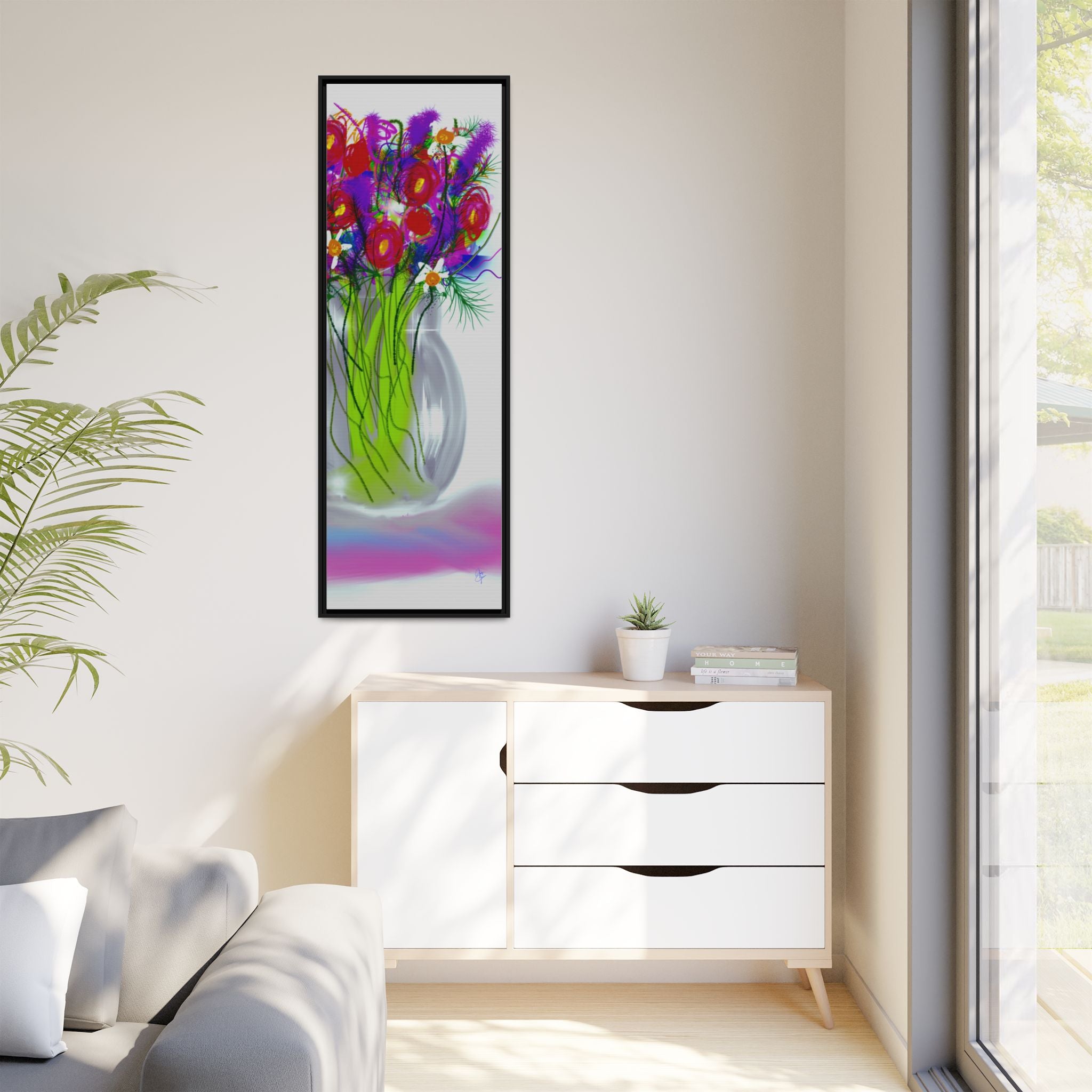 Framed Floral Bouquet Matte Canvas Wall Art — Colorful Abstract Flowers in Vase