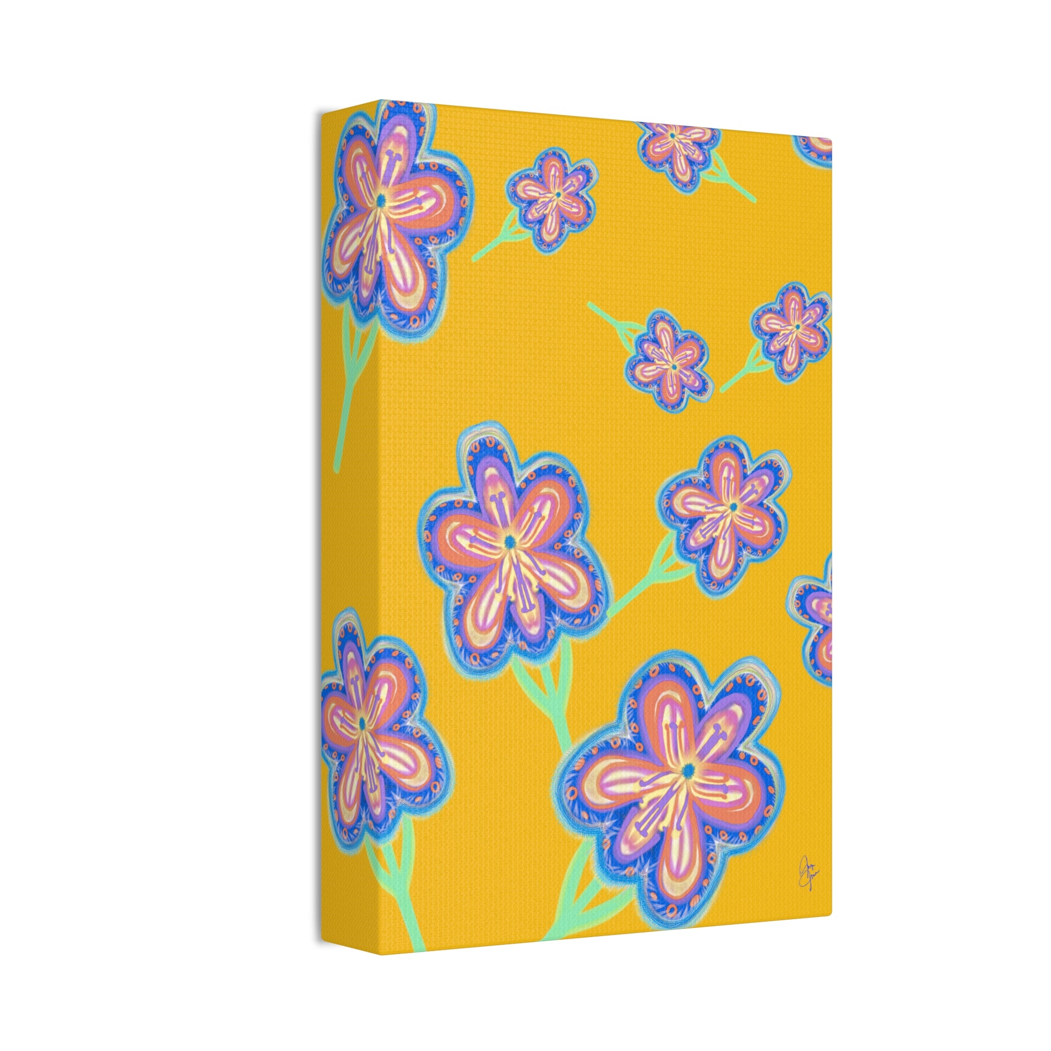 Floral Pop Canvas — Bright Blue Hand-Drawn Flowers Stretched Canvas