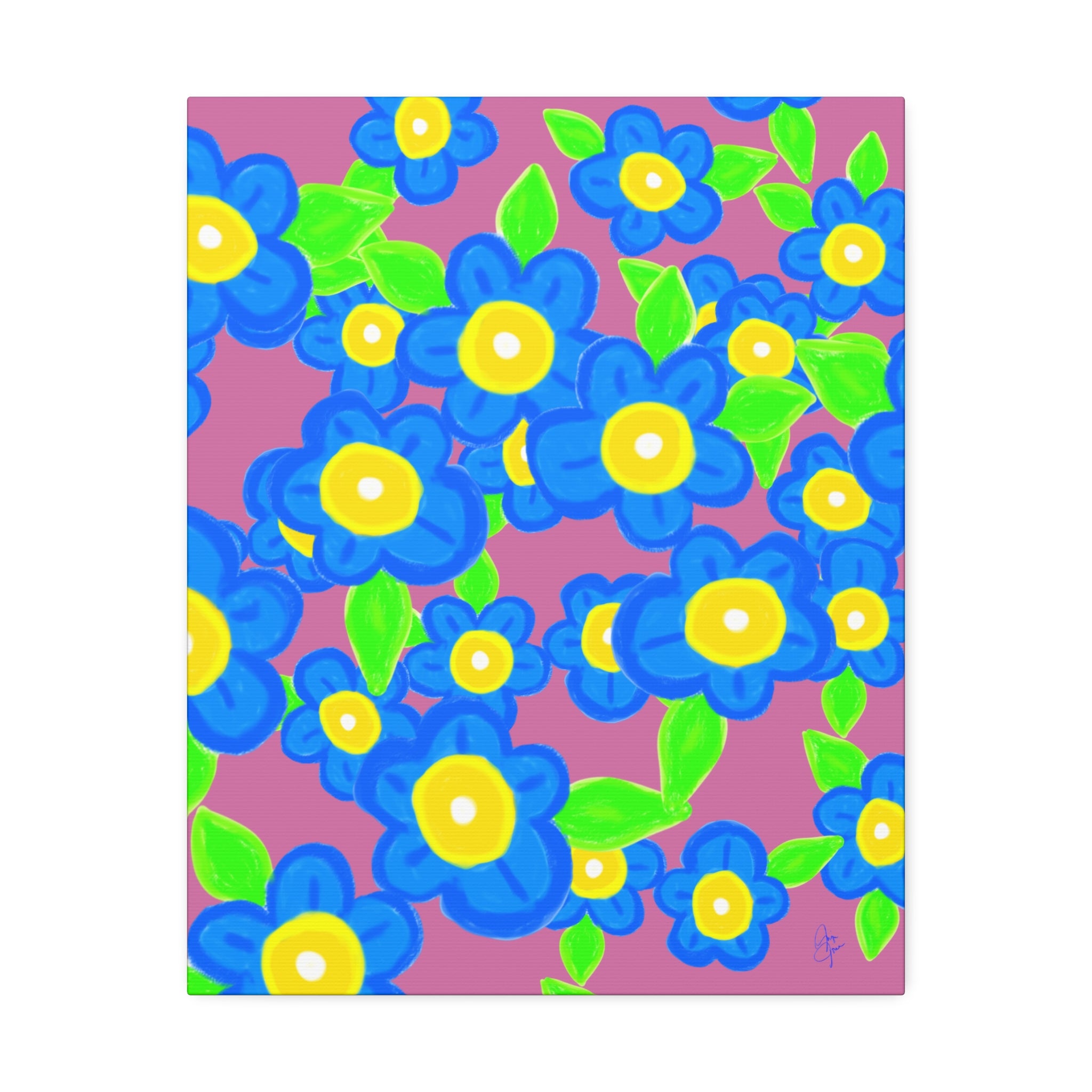 Blue Floral Canvas Wall Art — Bright Hand-Drawn Flowers on Mustard Background