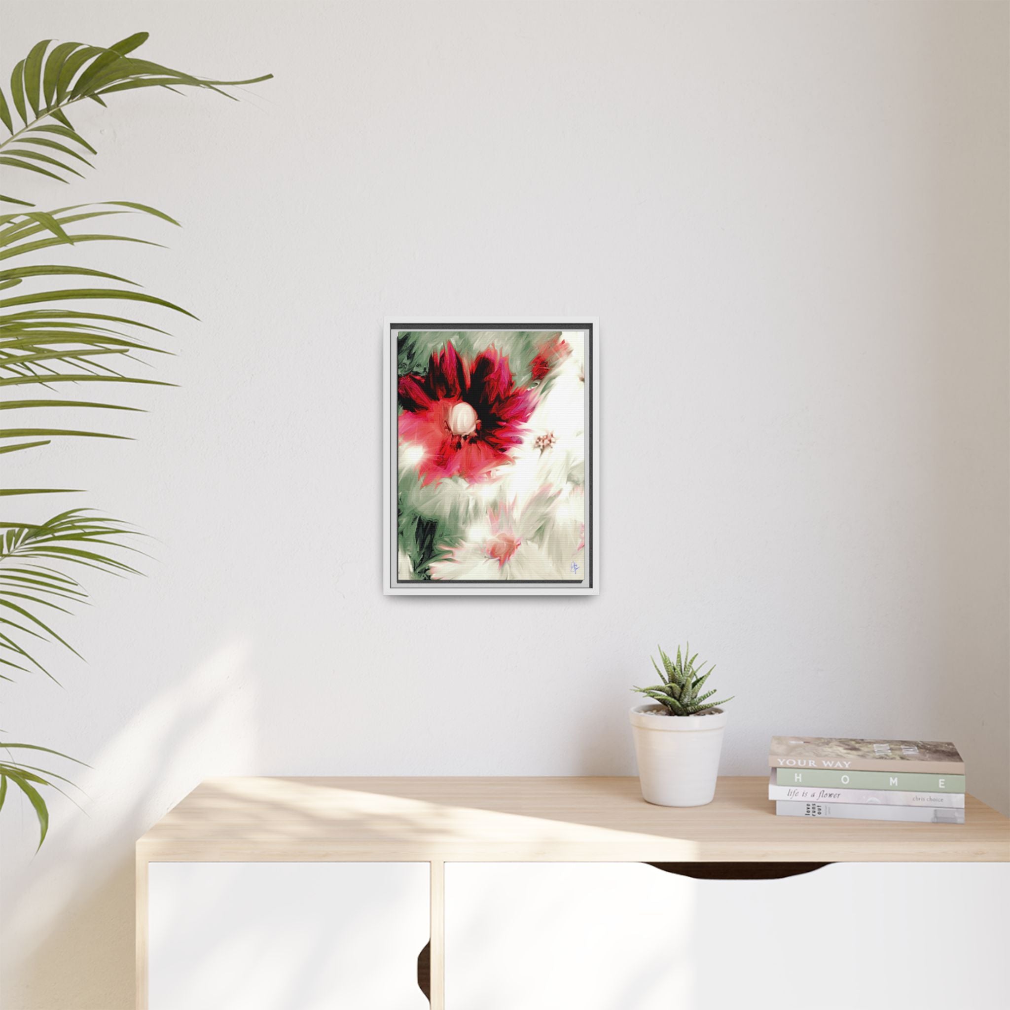 Framed Matte Canvas Print — Blurred Red & White Floral Art