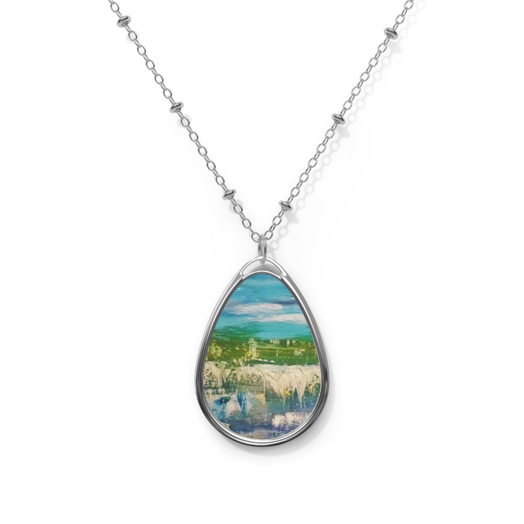 Oval Landscape Pendant Necklace — Teal Green Watercolor Tear-Drop Necklace