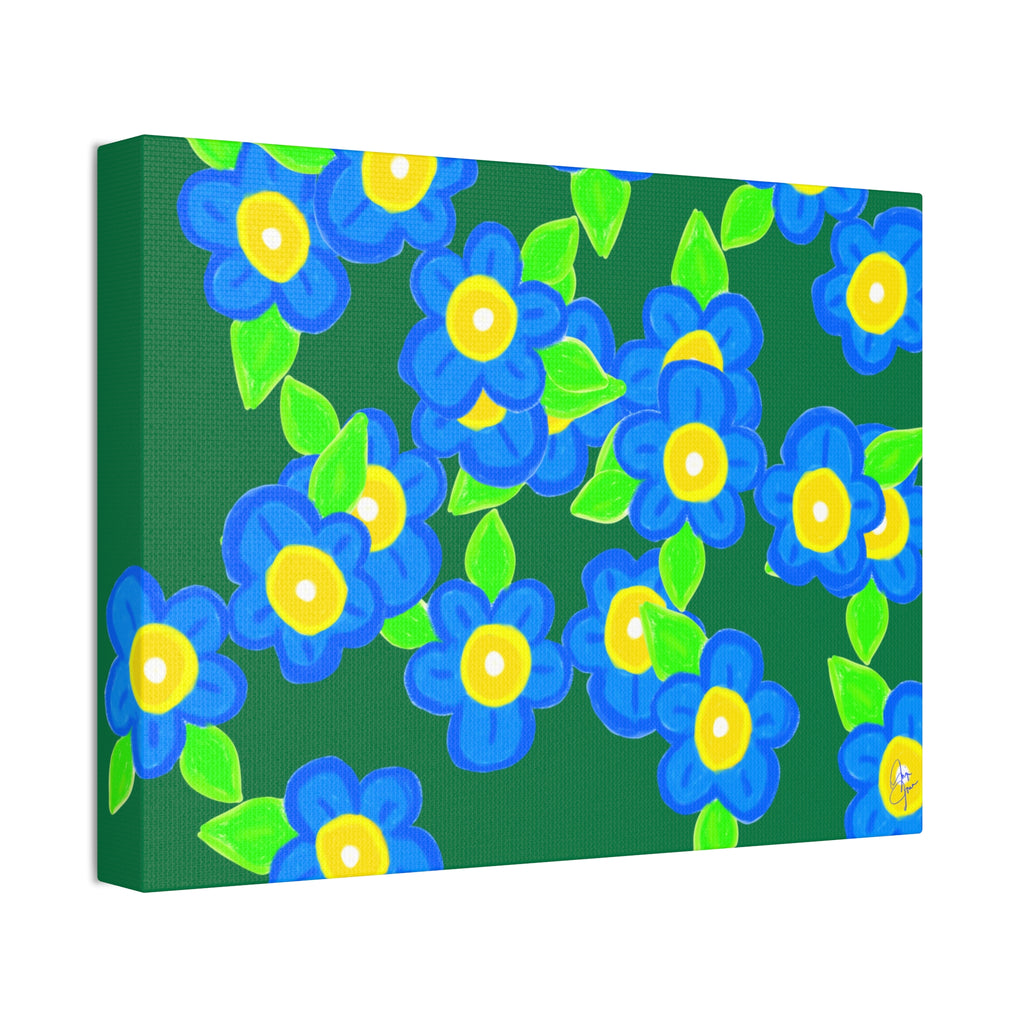 Blue Floral Canvas Wall Art — Bright Hand-Drawn Flowers on Mustard Background