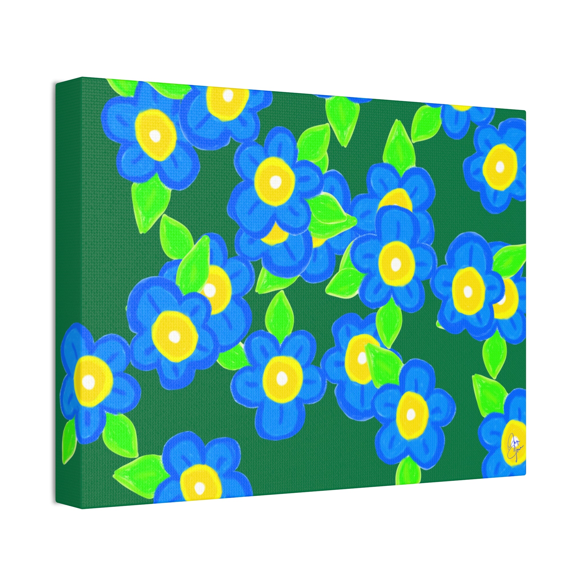 Blue Floral Canvas Wall Art — Bright Hand-Drawn Flowers on Mustard Background