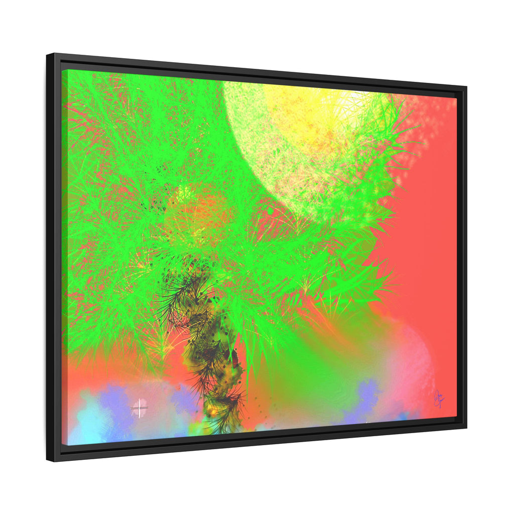 Abstract Neon Tree Matte Canvas Framed Art — Vibrant Green Moon Landscape