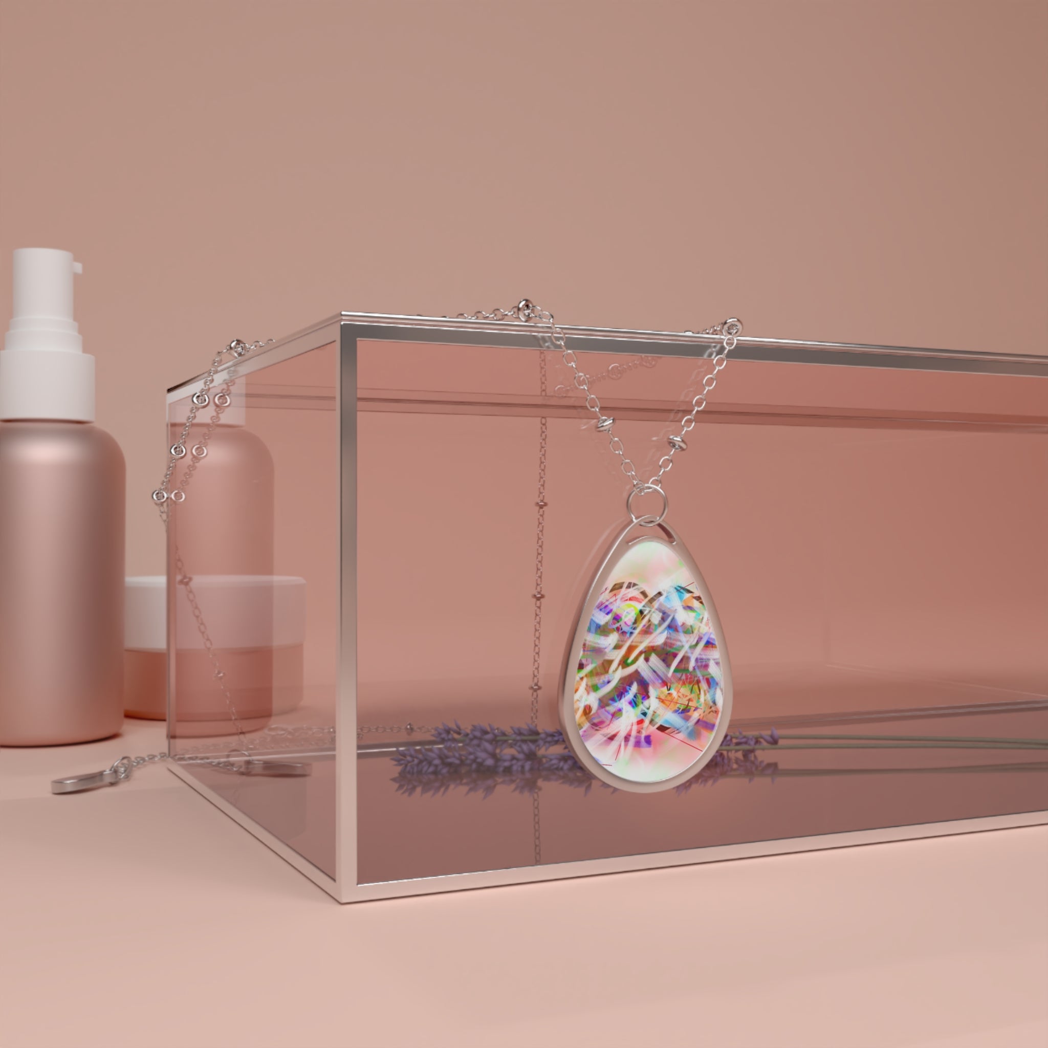 Iridescent Confetti Oval Necklace — Silver Teardrop Pendant