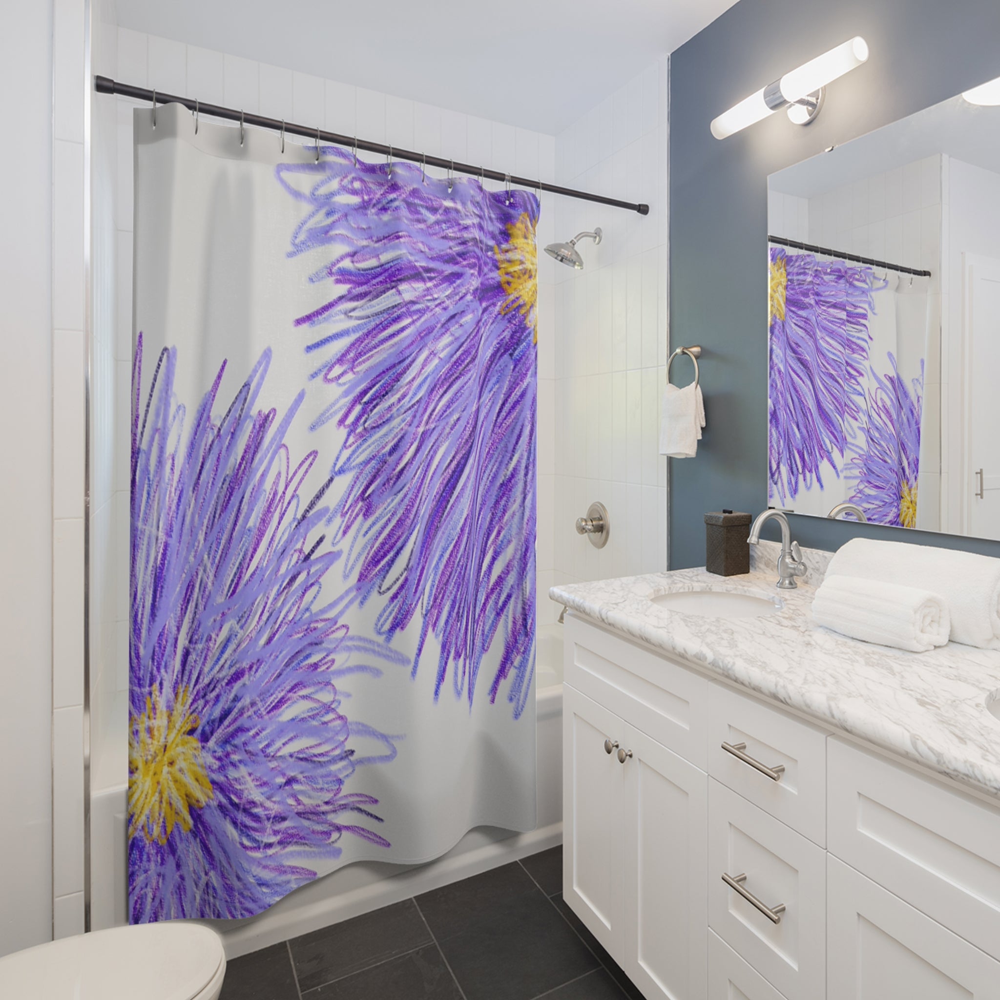 Purple Aster Floral Shower Curtain — Watercolor Violet Flower Bathroom Decor