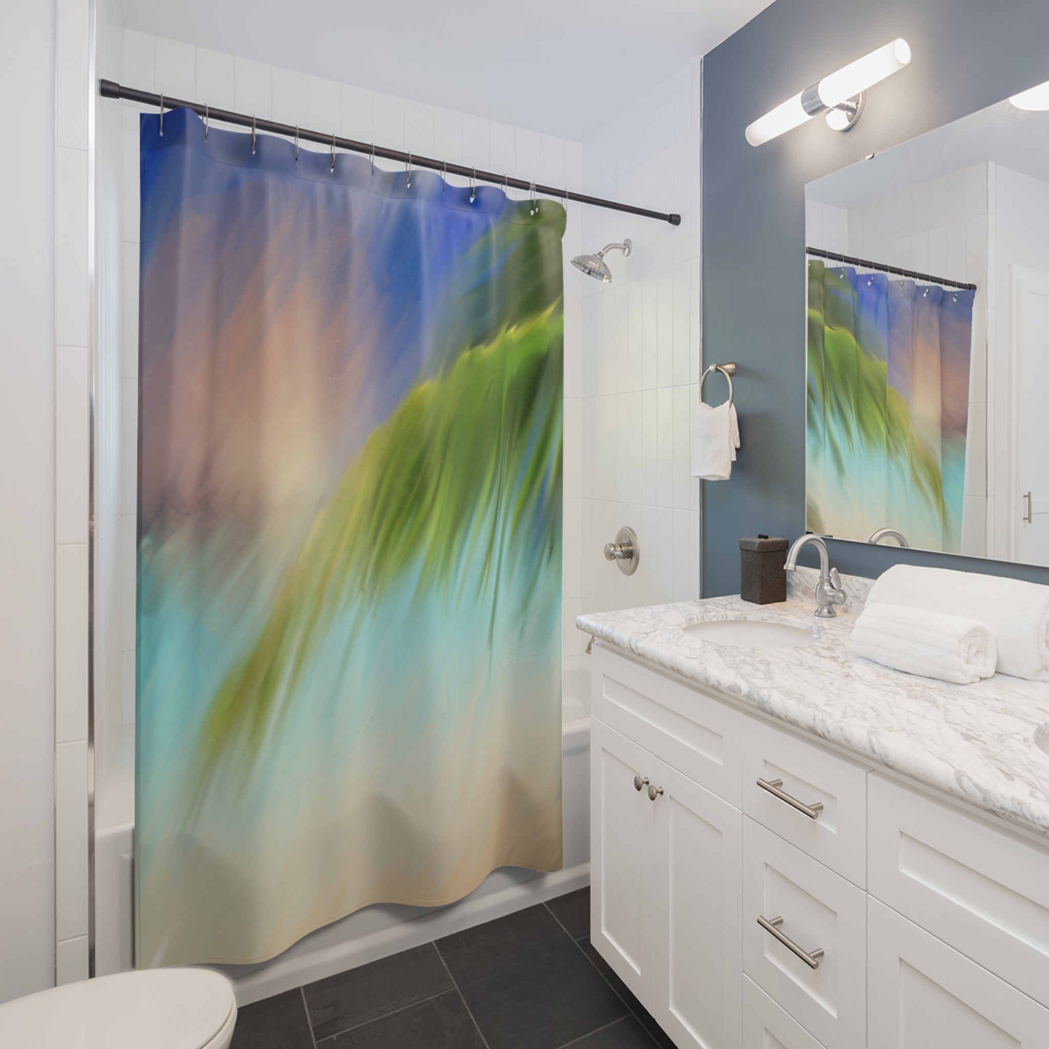 Shower Curtain — Abstract Ocean Wave Art, Soothing Blue & Green Bath Decor