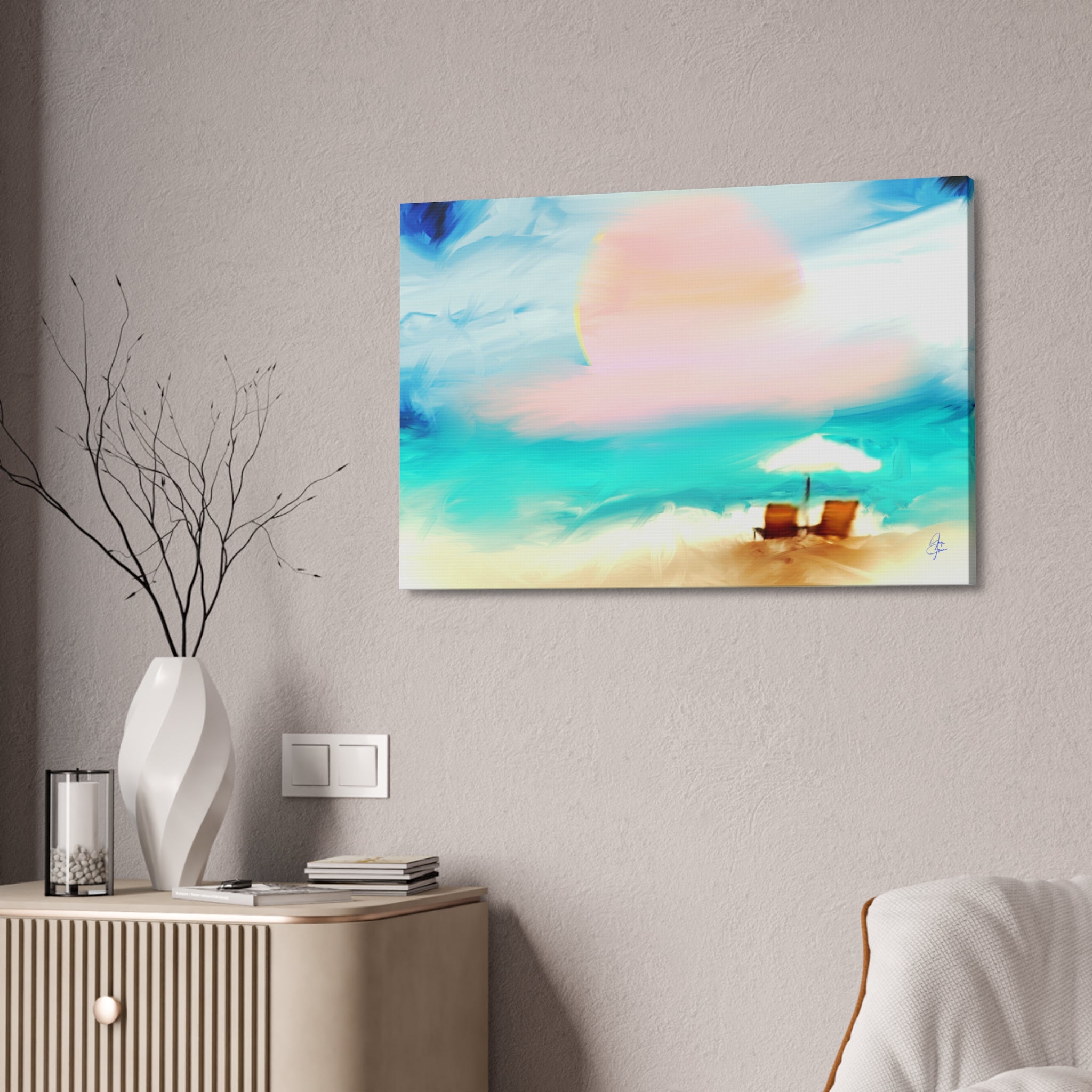 Beach Sunset Canvas Wall Art — Tropical Chairs & Umbrella Stretched Canvas