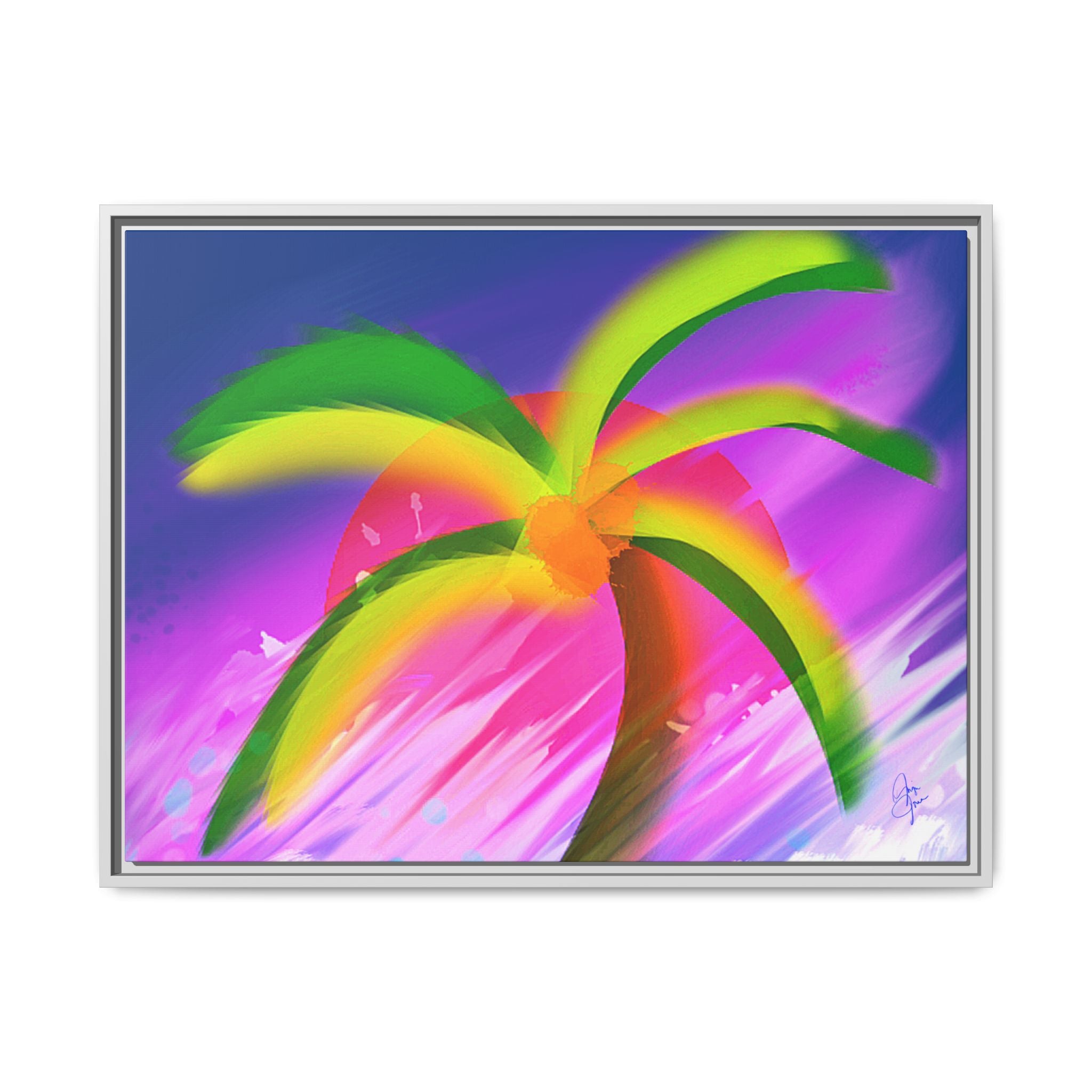 Framed Matte Canvas Print — Neon Palm Beach Art