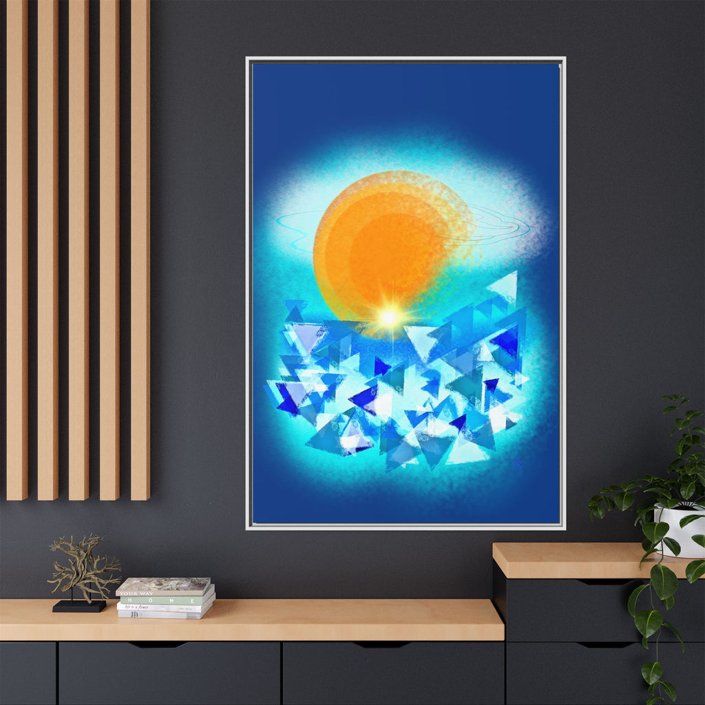 Abstract Sunrise Framed Canvas Art – Orange Sun Over Blue Geometric Waves