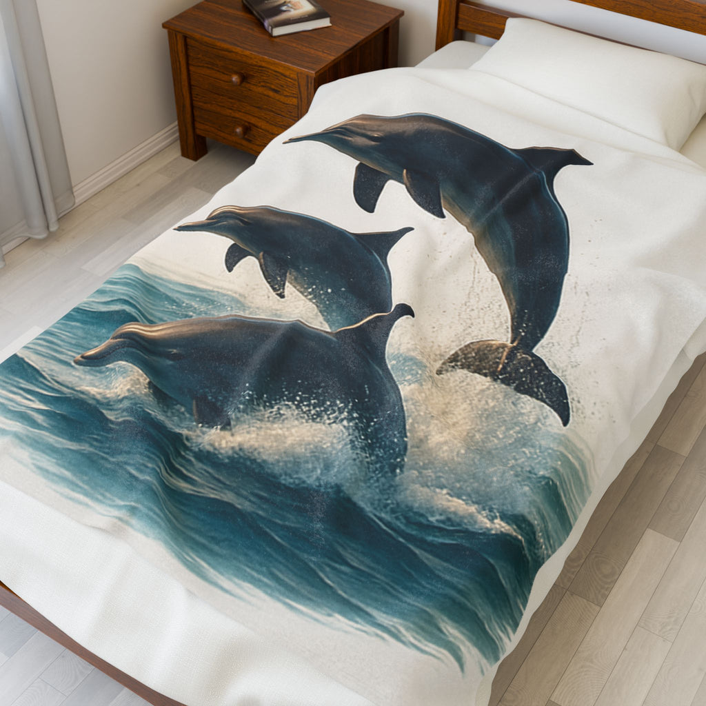 Dolphin Velveteen Plush Blanket — Soft Ocean Jumping Dolphins Throw