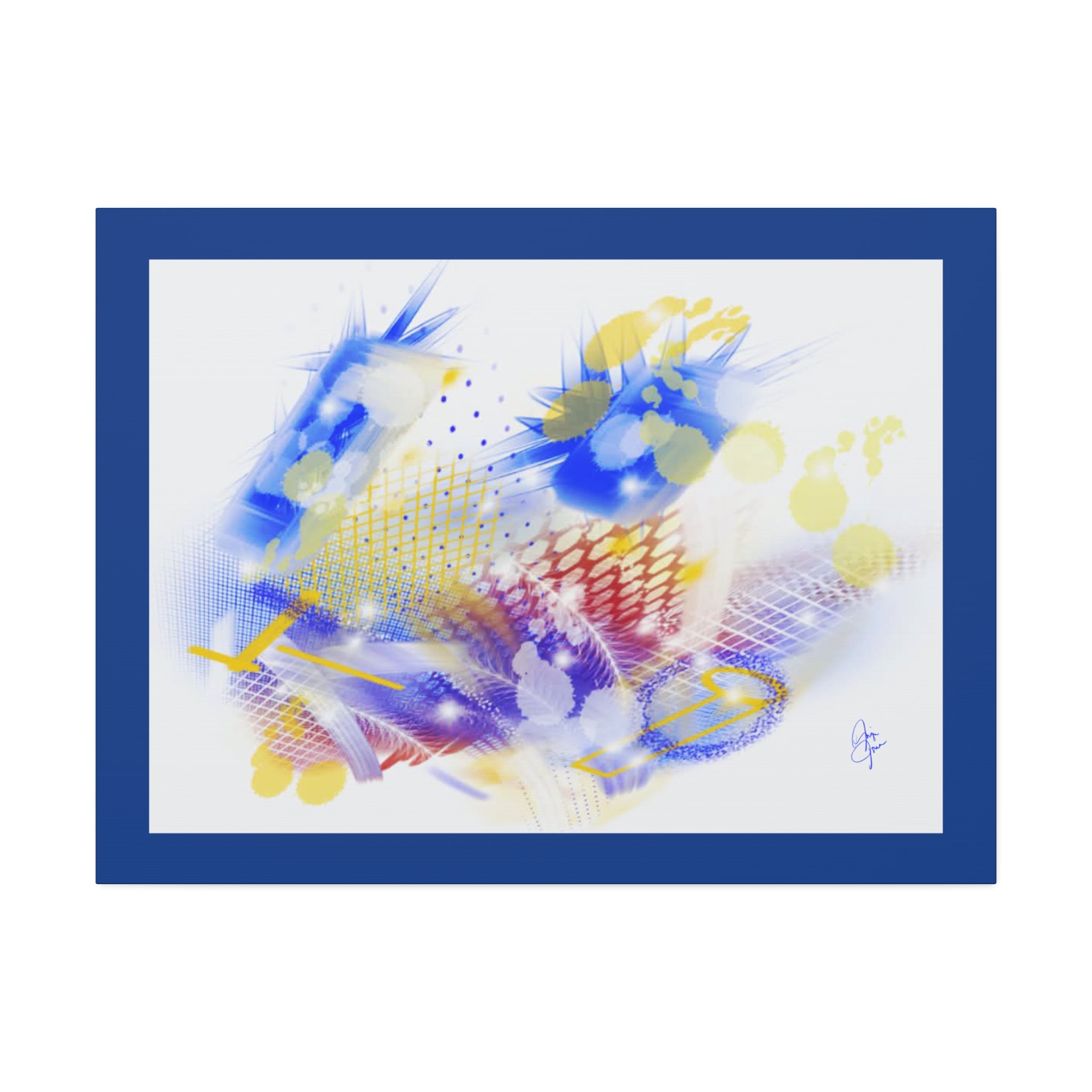 Abstract Blue & Yellow Art Canvas Print — Stretched 1.5" with Red Border