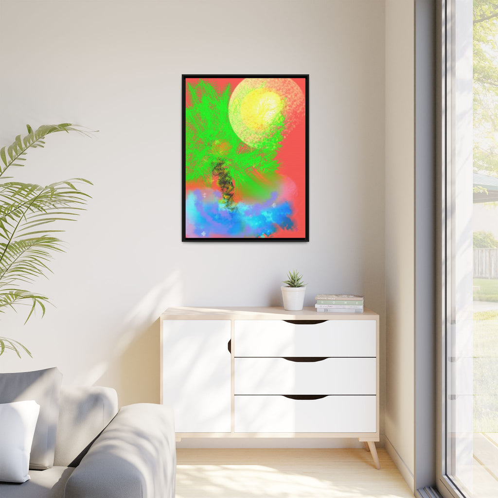 Abstract Neon Tree Matte Canvas Framed Art — Vibrant Green Moon Landscape