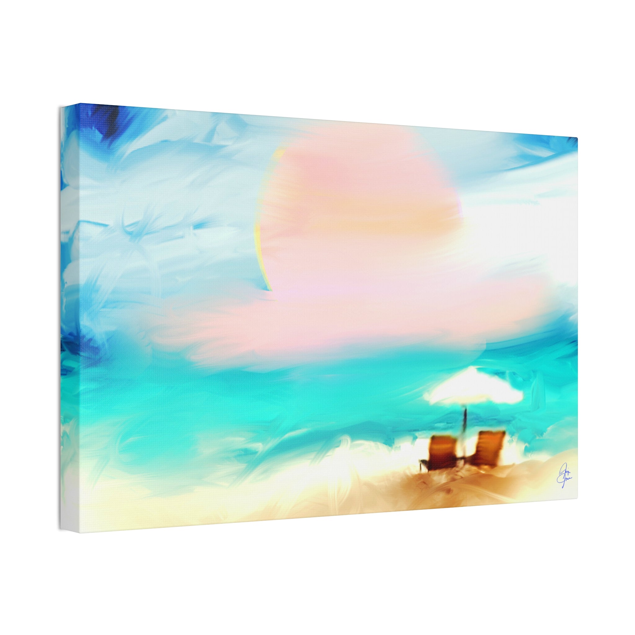 Beach Sunset Canvas Wall Art — Tropical Chairs & Umbrella Stretched Canvas
