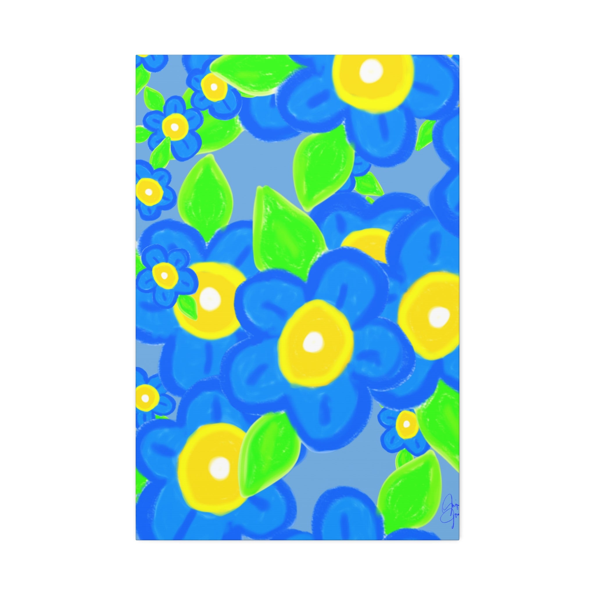 Blue Floral Canvas Wall Art — Bright Hand-Drawn Flowers on Mustard Background
