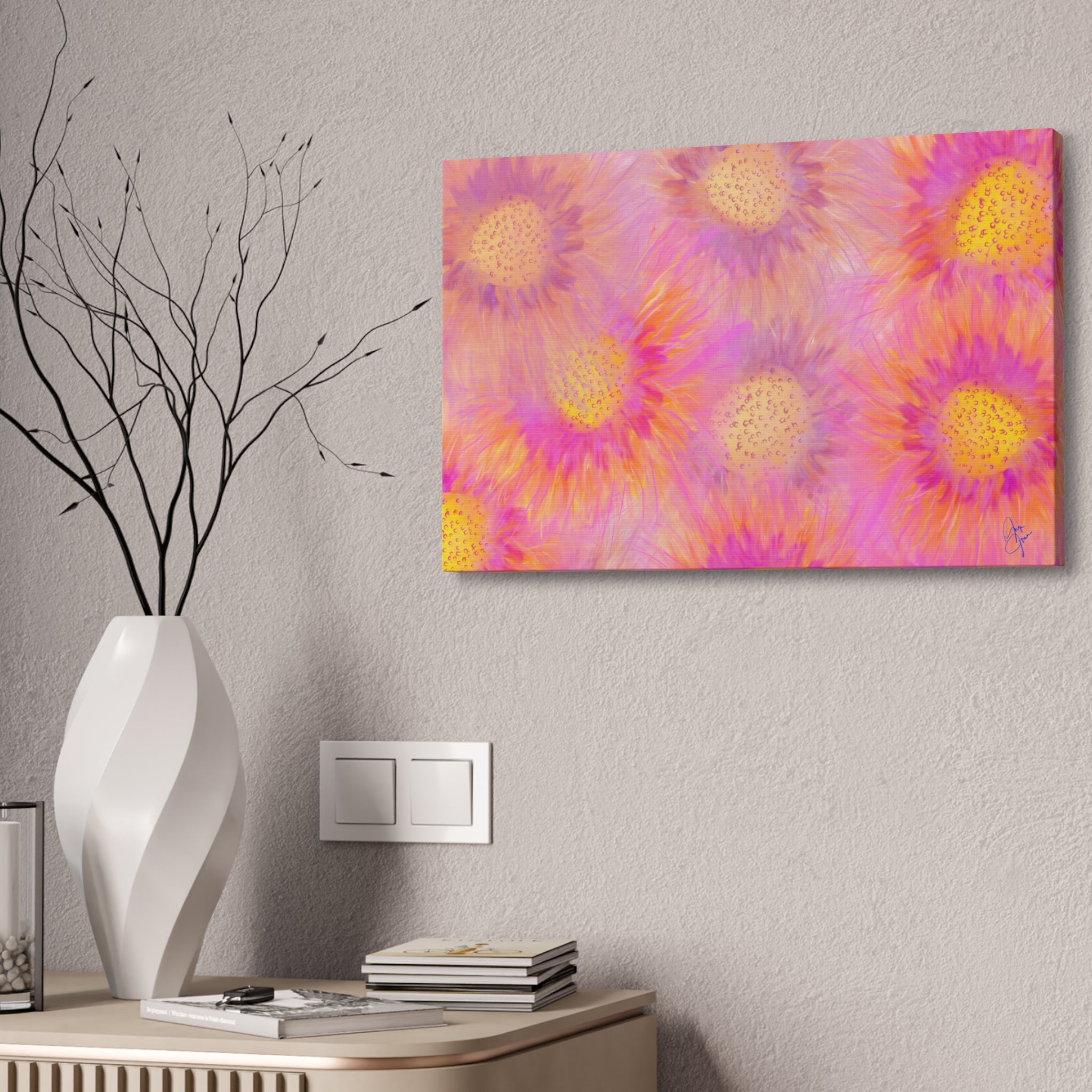 Sunburst Floral Canvas Wall Art — Pink & Yellow Abstract Sunflower Print