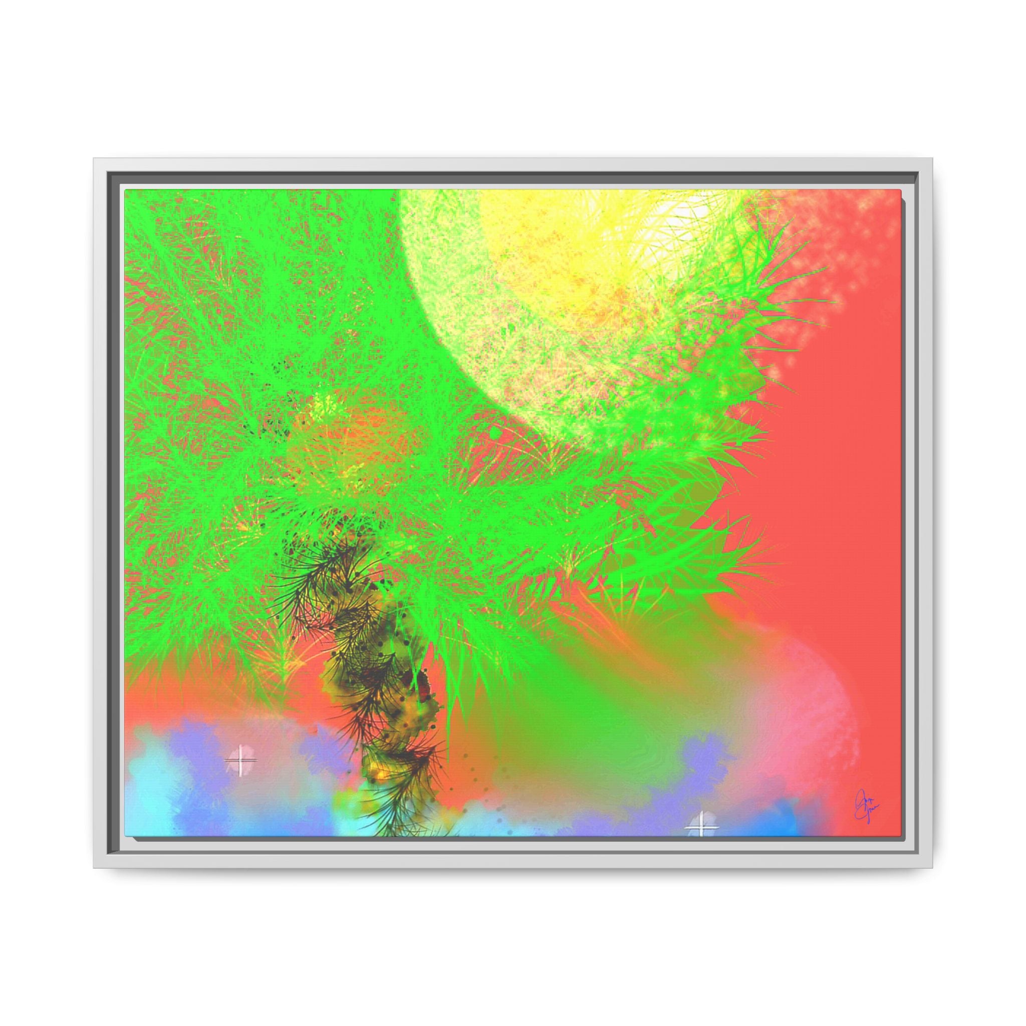 Abstract Neon Tree Matte Canvas Framed Art — Vibrant Green Moon Landscape