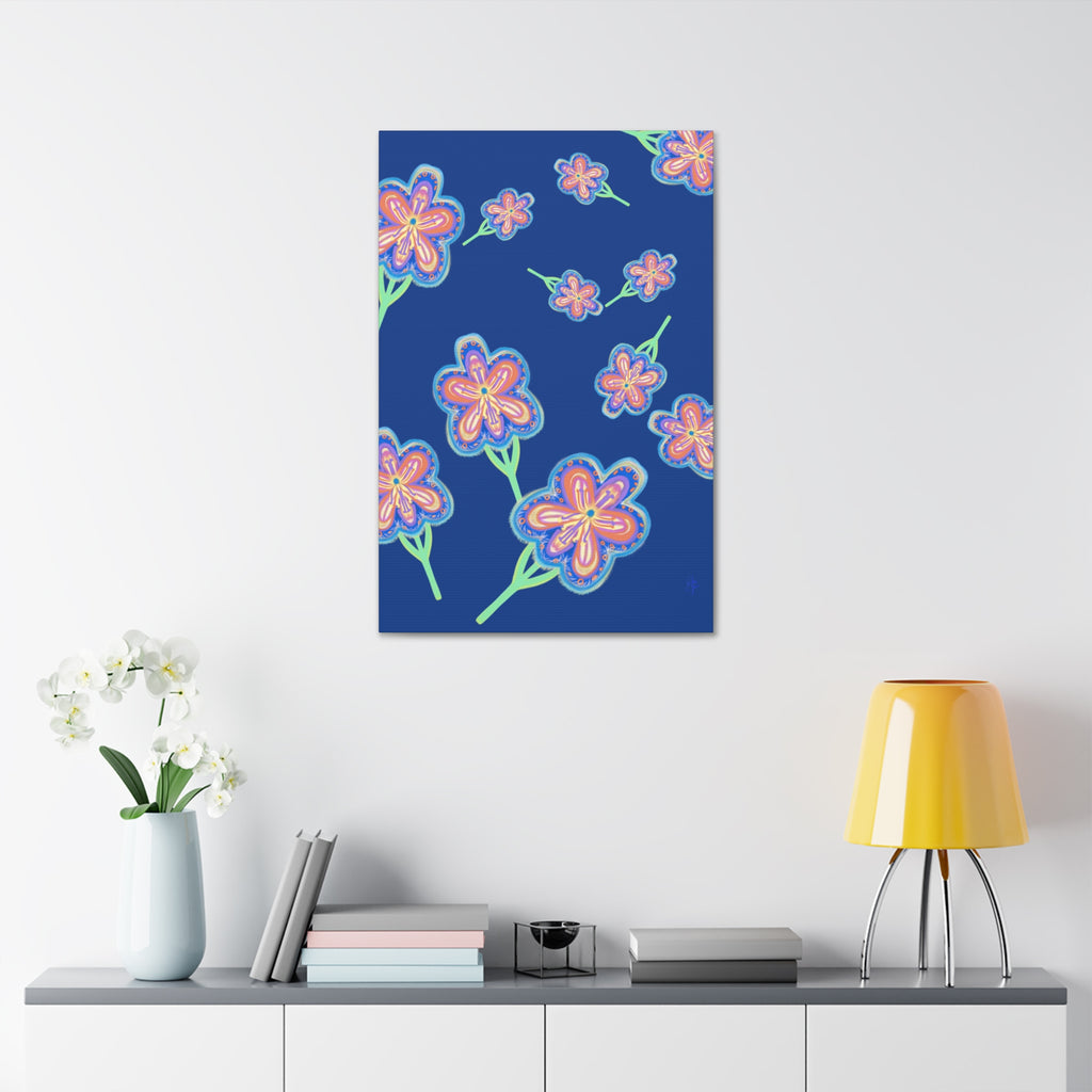 Floral Pop Canvas — Bright Blue Hand-Drawn Flowers Stretched Canvas