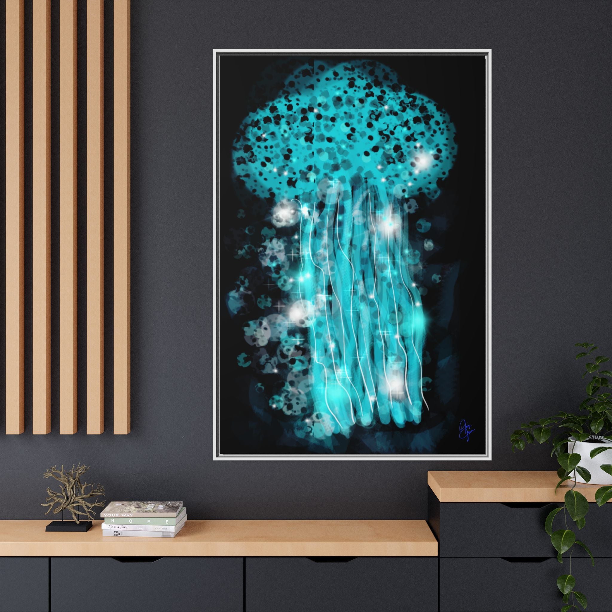 Glowing Jellyfish Art Print — Framed Matte Canvas