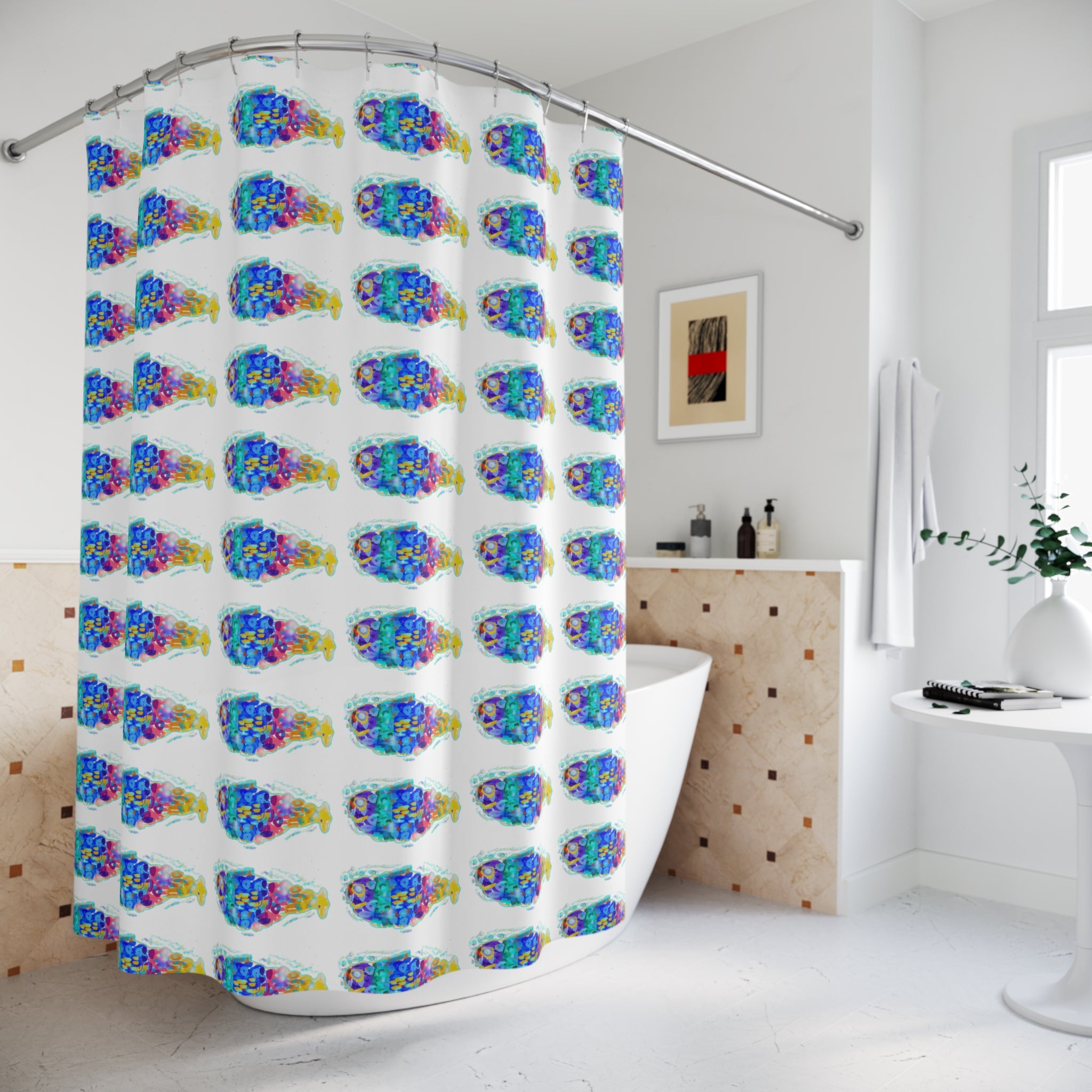 Tropical Rainbow Fish Shower Curtain — Bright Coastal Bathroom Decor
