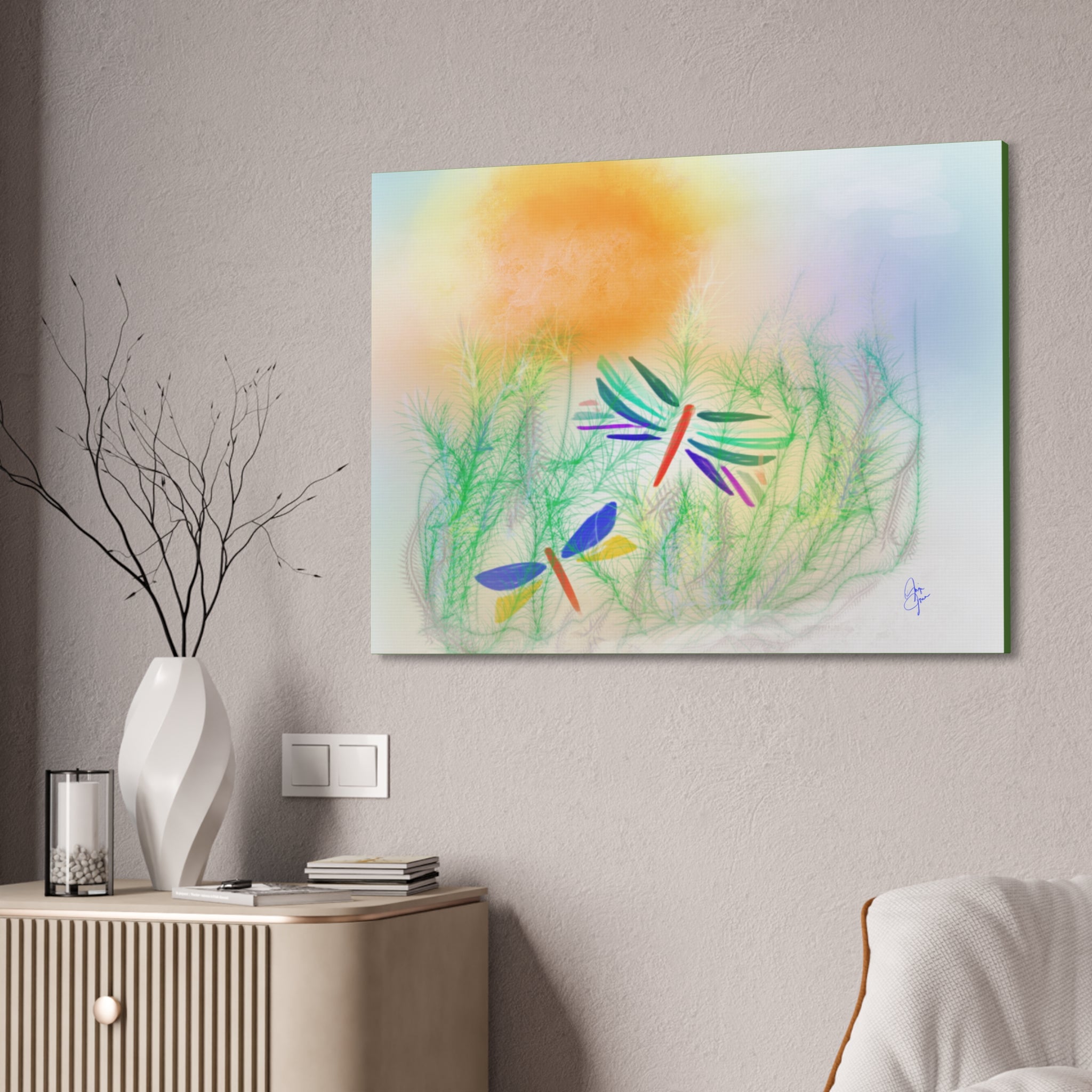 Dragonfly Meadow Canvas Art – Colorful Stretched Wall Decor (1.5" Depth)