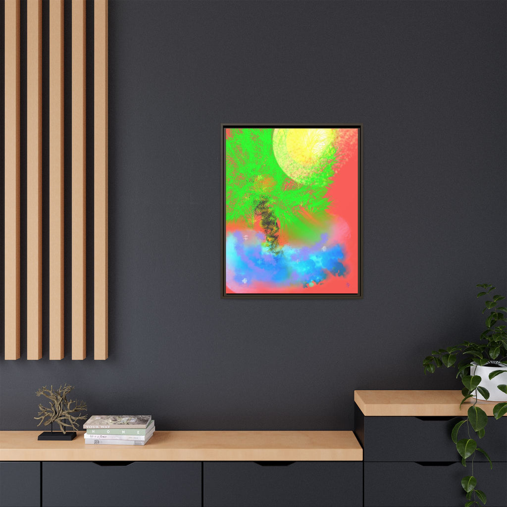 Abstract Neon Tree Matte Canvas Framed Art — Vibrant Green Moon Landscape